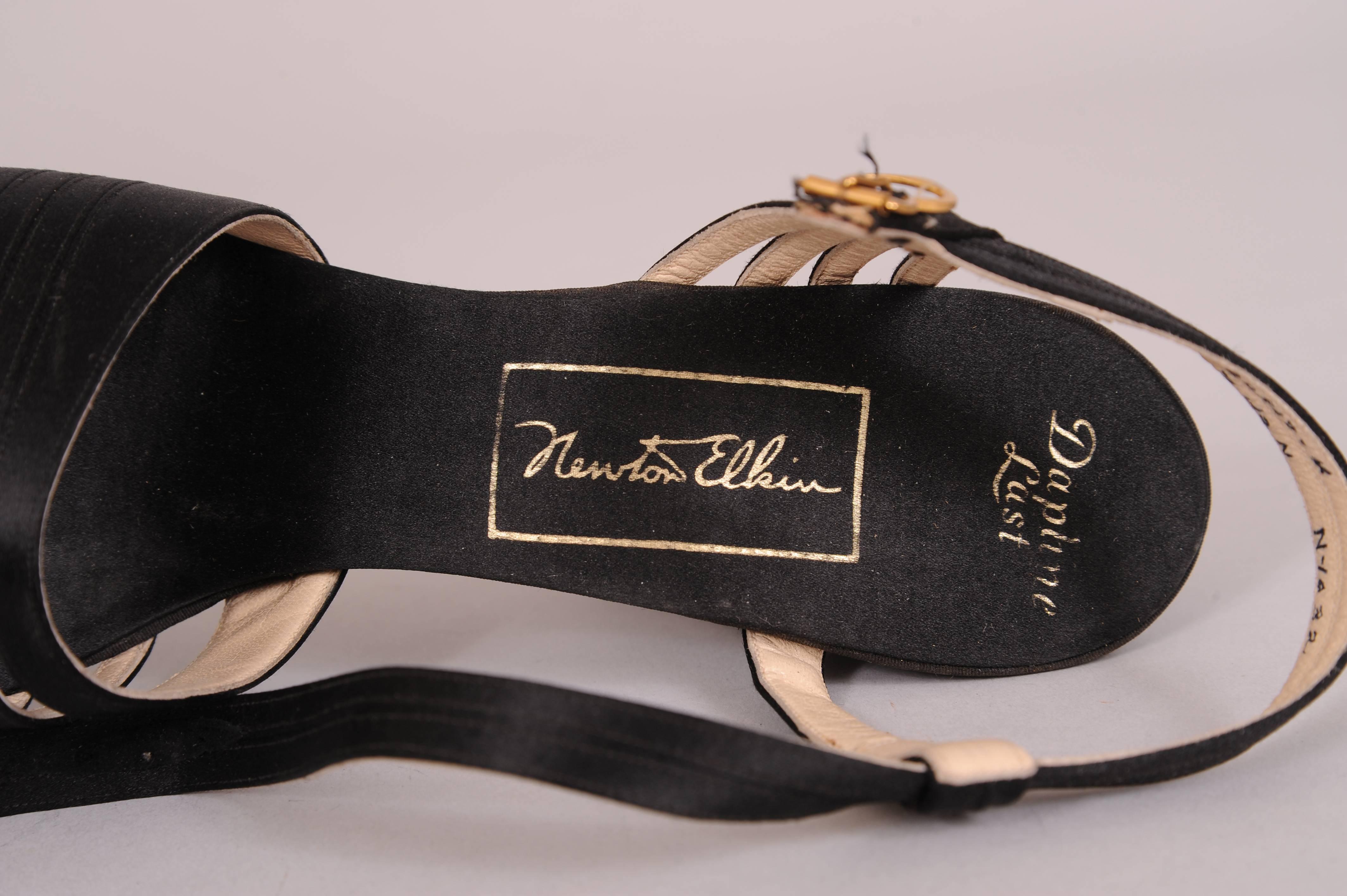 Newton Elkins for Bonwit Teller 1940's Black Silk and Gold Kid Evening Sandals 1