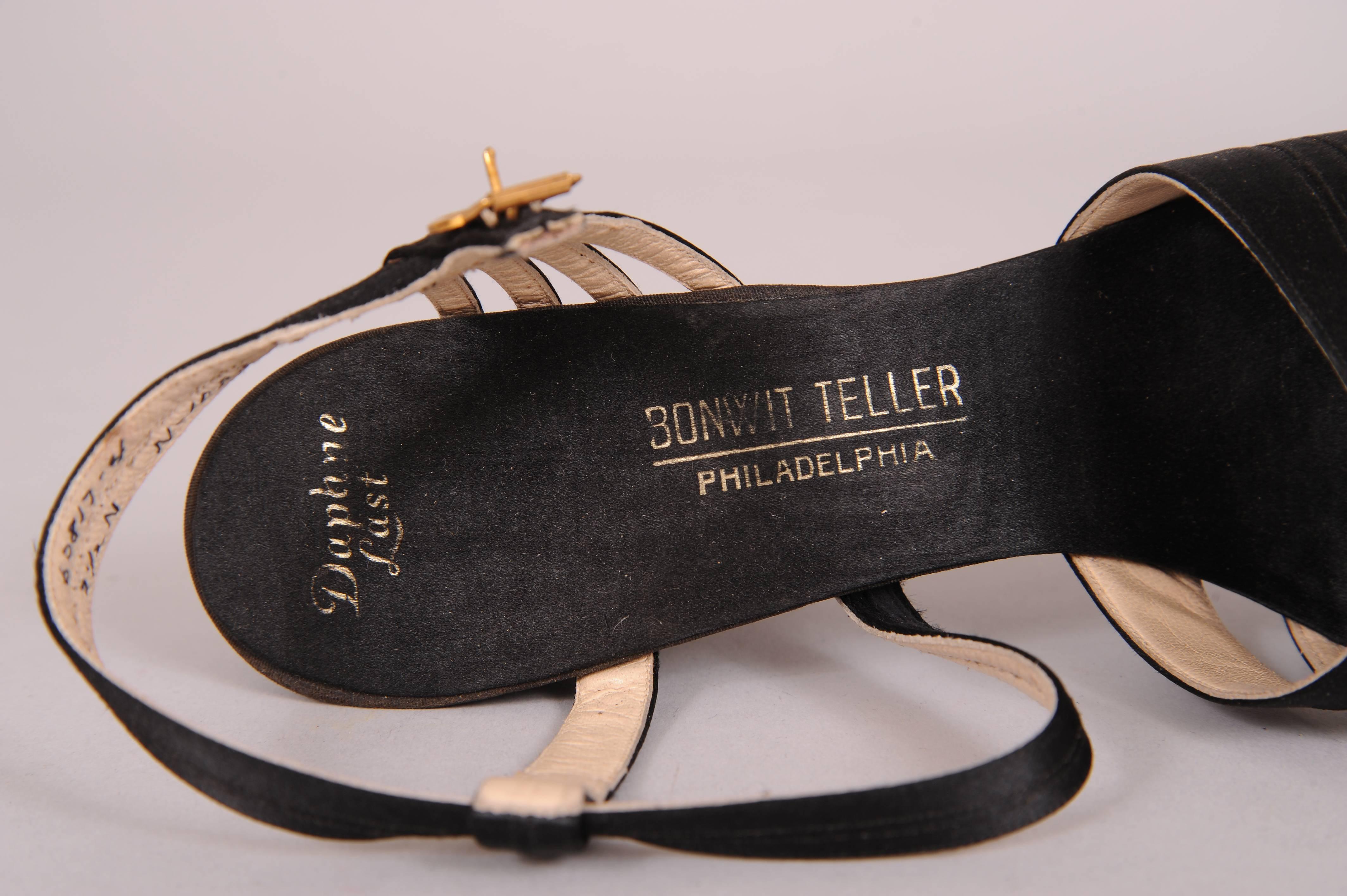 Women's Newton Elkins for Bonwit Teller 1940's Black Silk and Gold Kid Evening Sandals