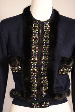 Gianfranco Ferre Jewel Trimmed Ranch Mink Edged Navy Blue Cardigan Sweater
