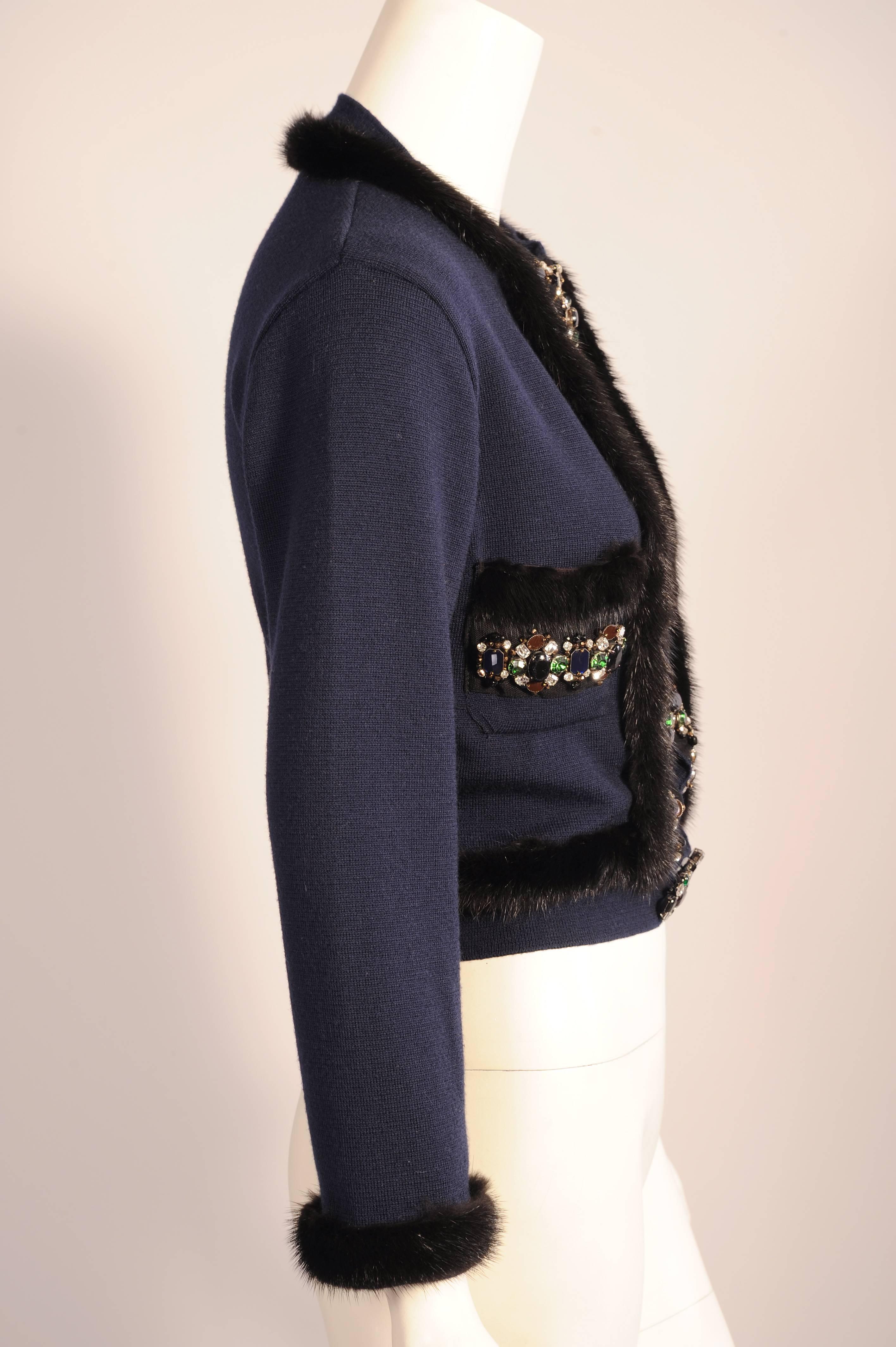 Women's Gianfranco Ferre Jewel Trimmed Ranch Mink Edged Navy Blue Cardigan Sweater 