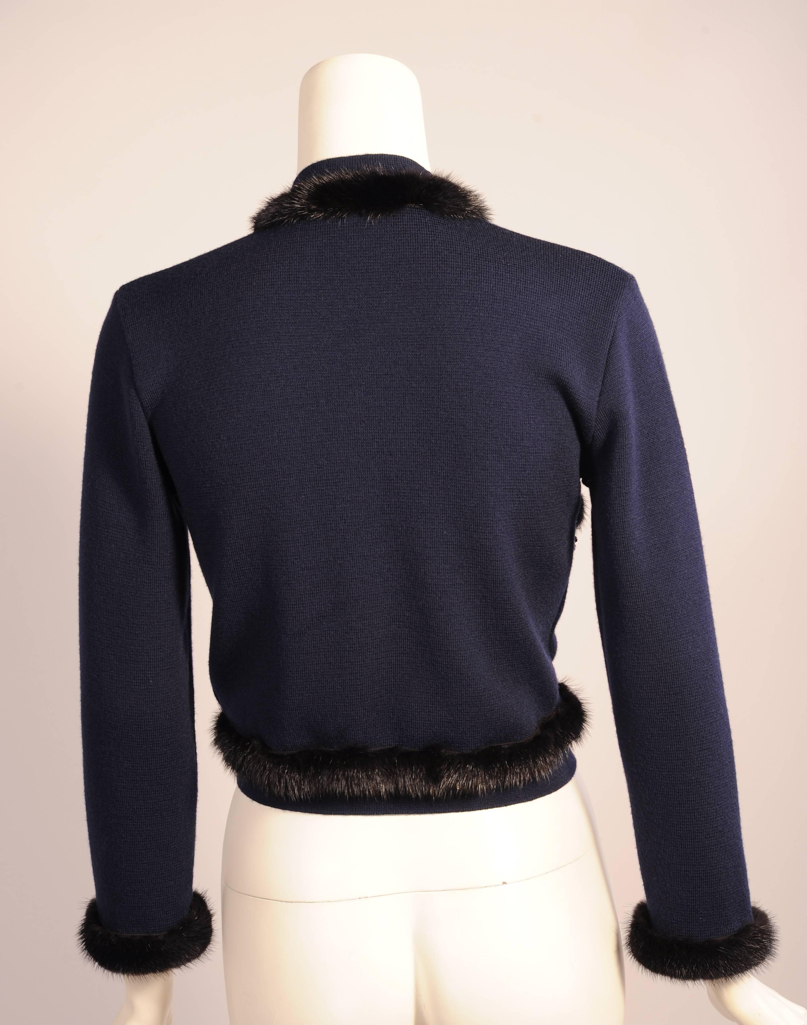 Gianfranco Ferre Jewel Trimmed Ranch Mink Edged Navy Blue Cardigan Sweater  1