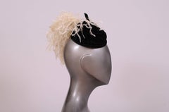 1940's Black Velvet Cocktail Hat with Ostrich Feather Saks Fifth Ave.