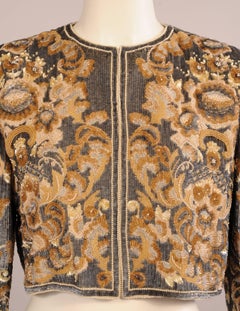 Bill Blass  Beaded Evening Jacket Charcoal Grey and Camel Sequins and Embroidery