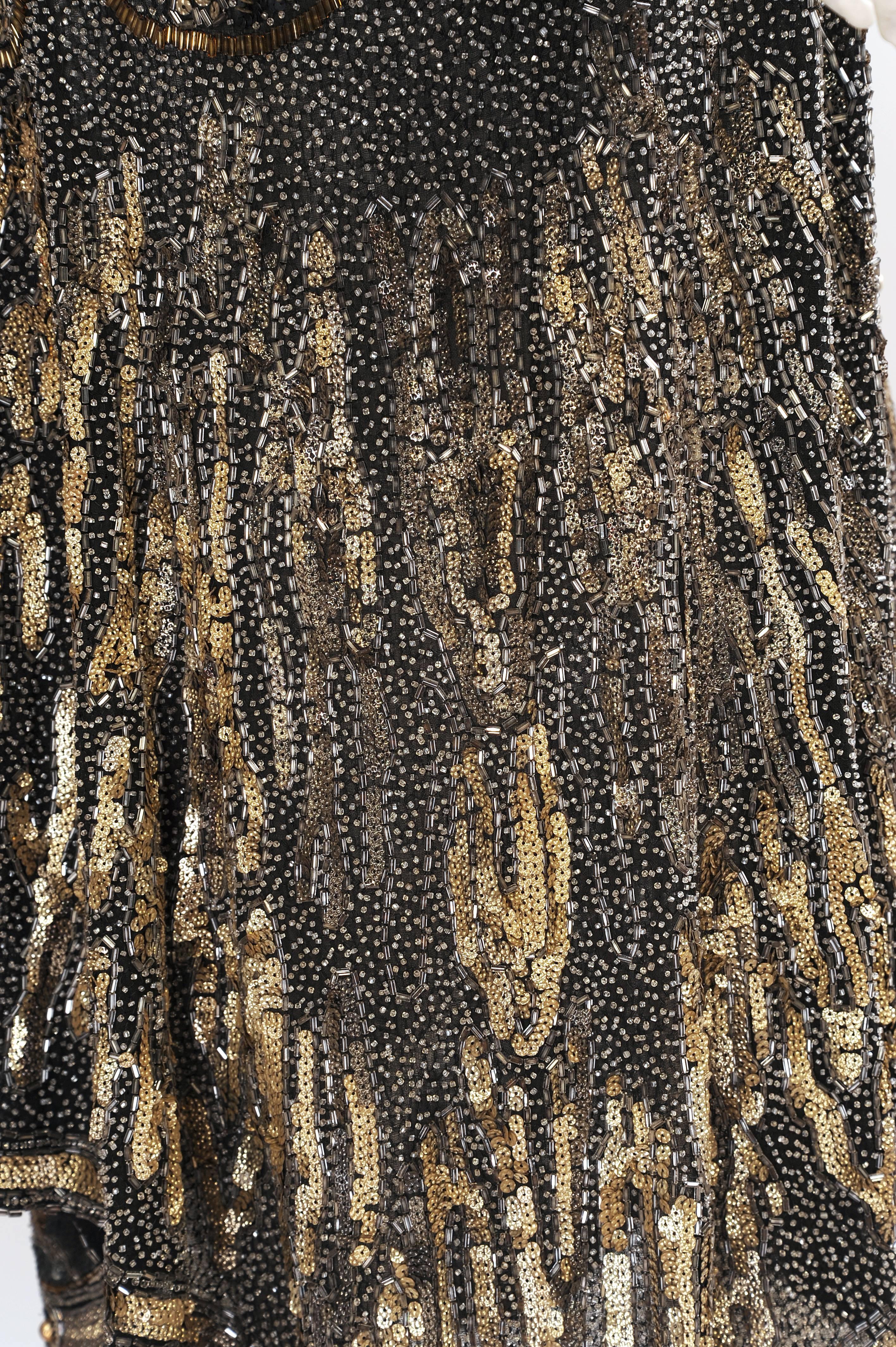 Women's Art Deco 1920's Black and Gold Evening Dress, Hand Beaded, Larger Size