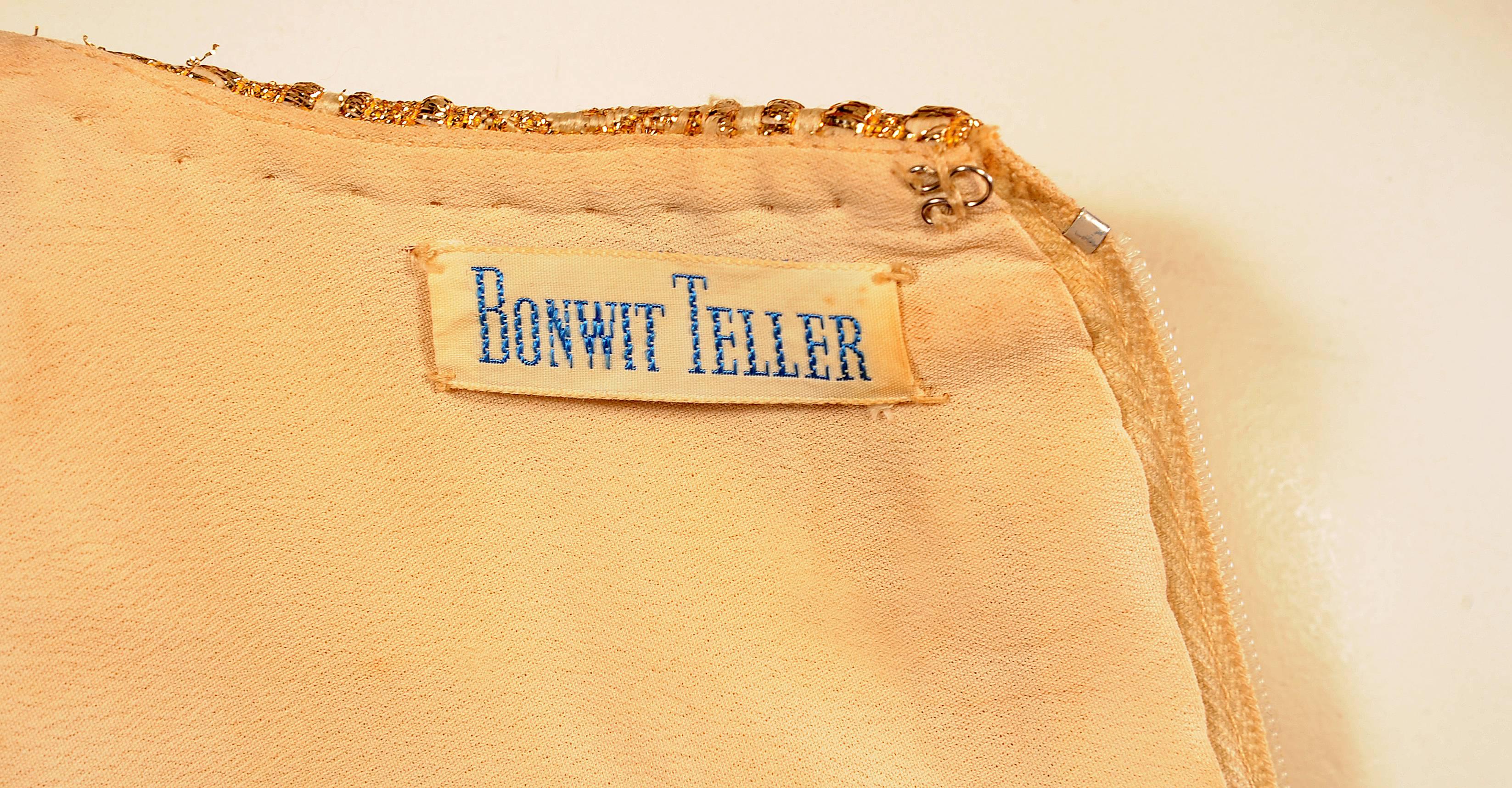 Bonwit Teller Gold Lame Dress with Metallic Gold Beaded Low Cut Bodice, 1960s   In Excellent Condition In New Hope, PA