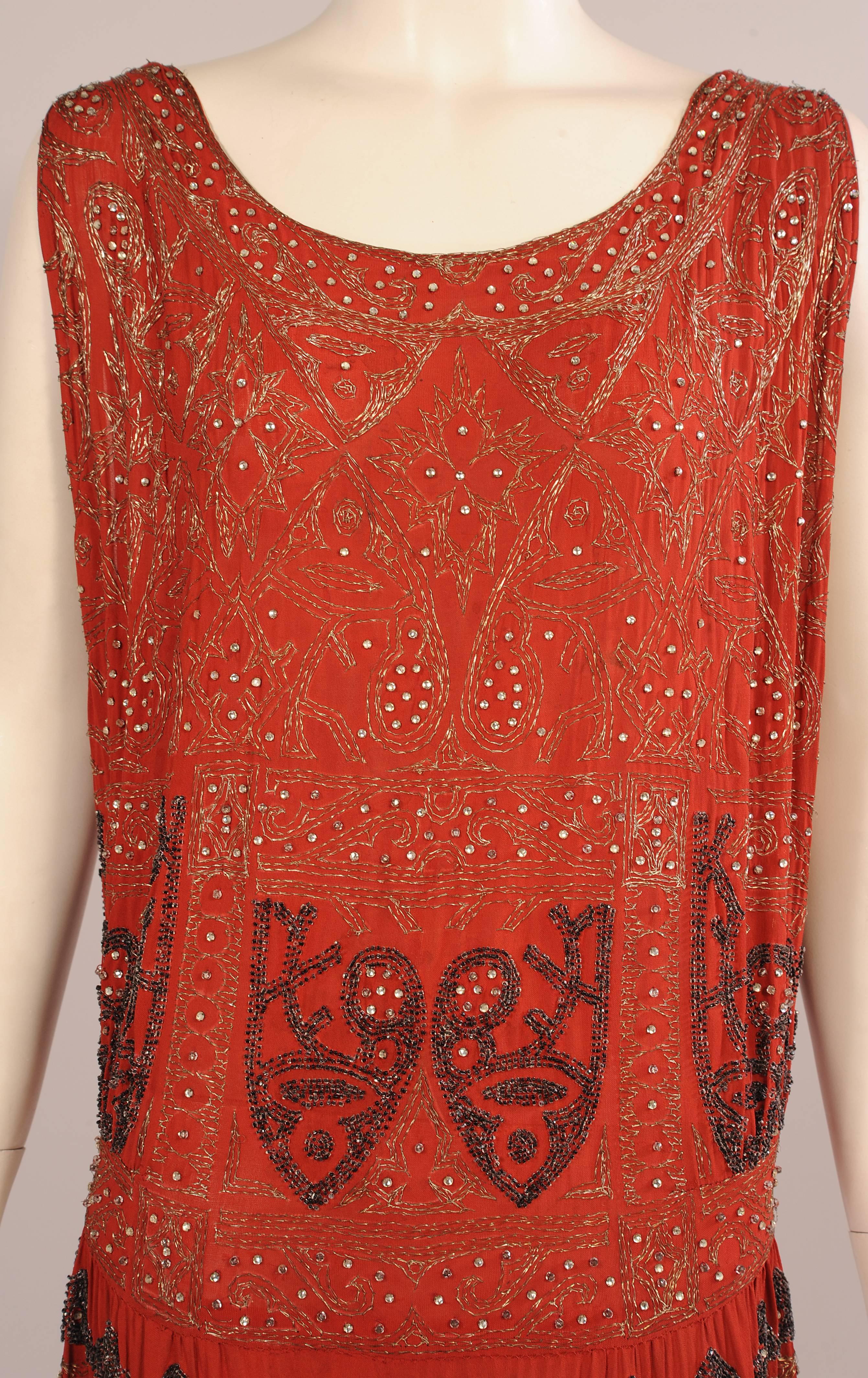 1920's Beaded and Embroidered Red Evening Dress, Rare Larger Size In Excellent Condition In New Hope, PA