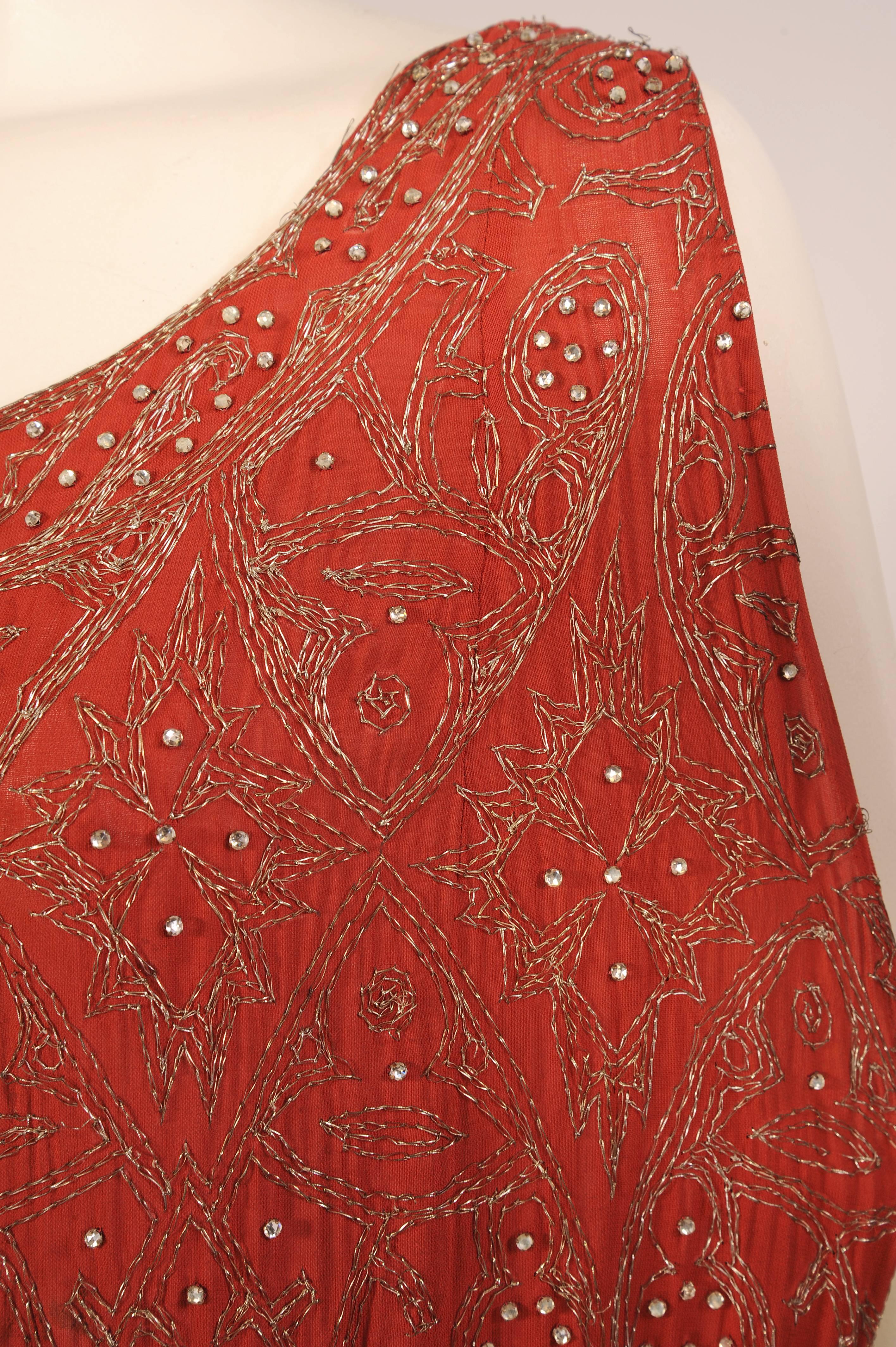1920's Beaded and Embroidered Red Evening Dress, Rare Larger Size 1