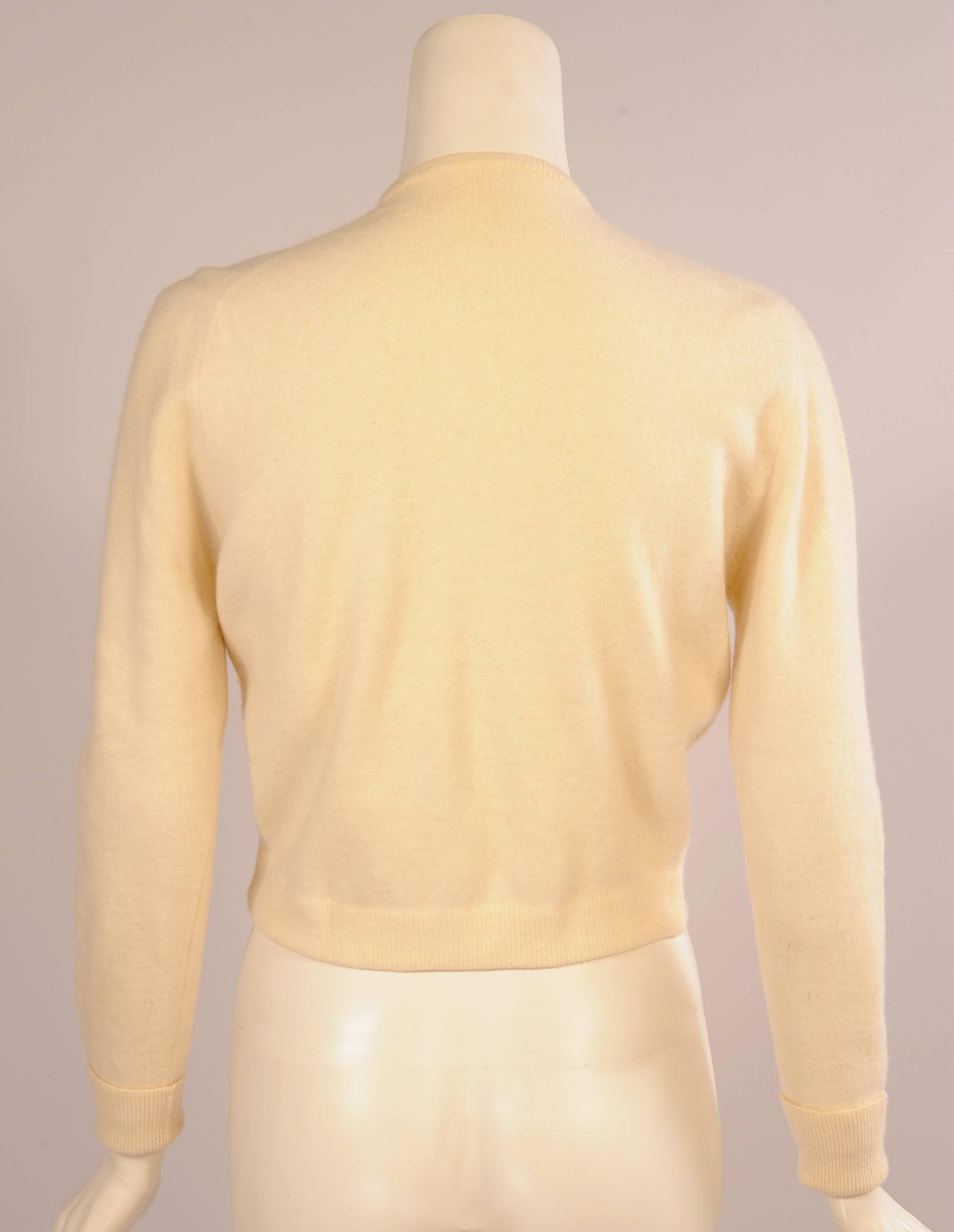 Embroidered and Ribbon Trimmed Ivory Sweater, 1950s  In Excellent Condition For Sale In New Hope, PA