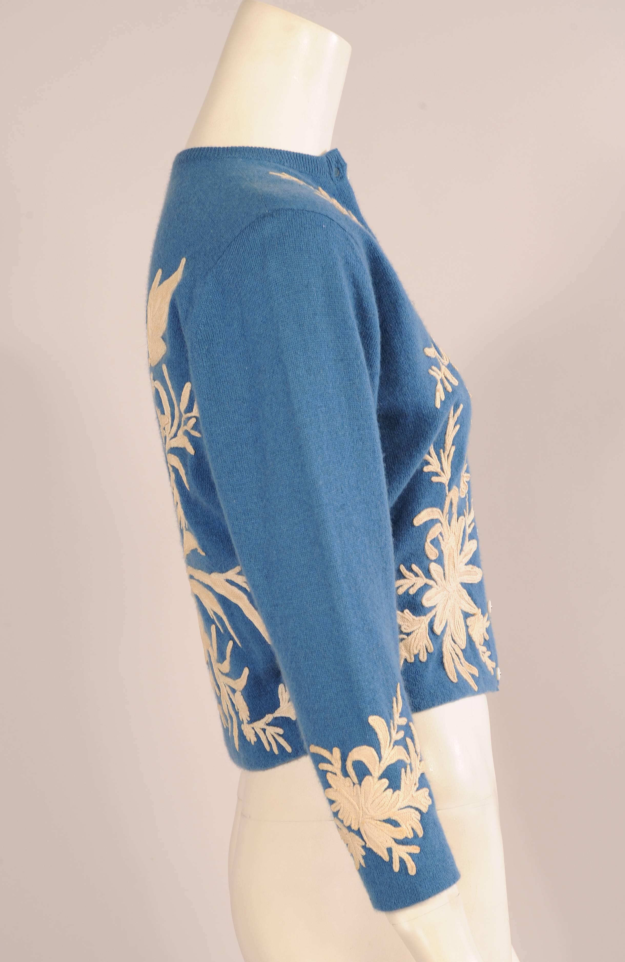 Blue Helen Bond Carruthers Antique Lace Appliqued Cashmere Sweater circa 1950