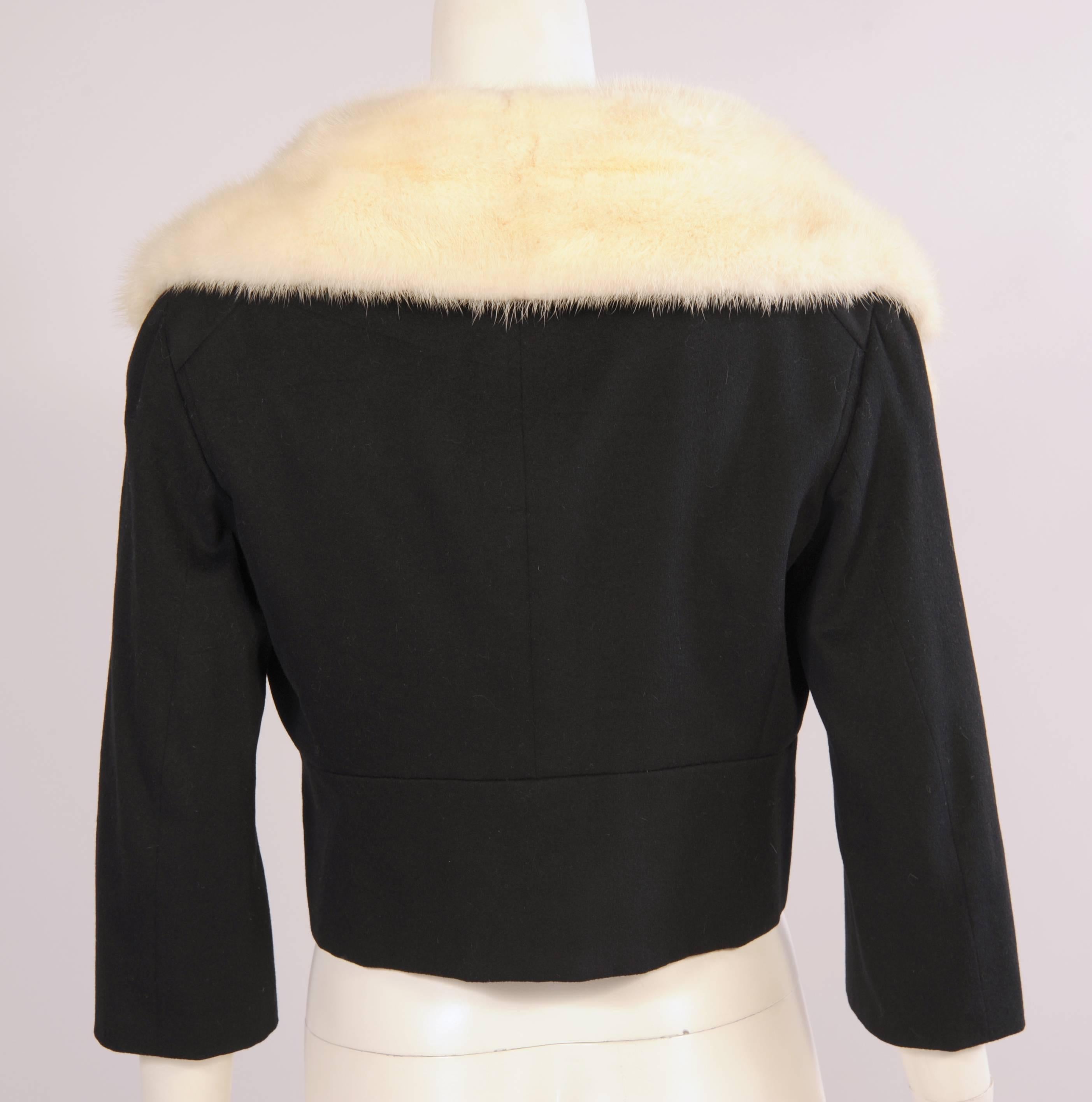 Black Jean Patou Numbered Haute Couture Cashmere and White Mink Jacket, Mid 20th C  For Sale