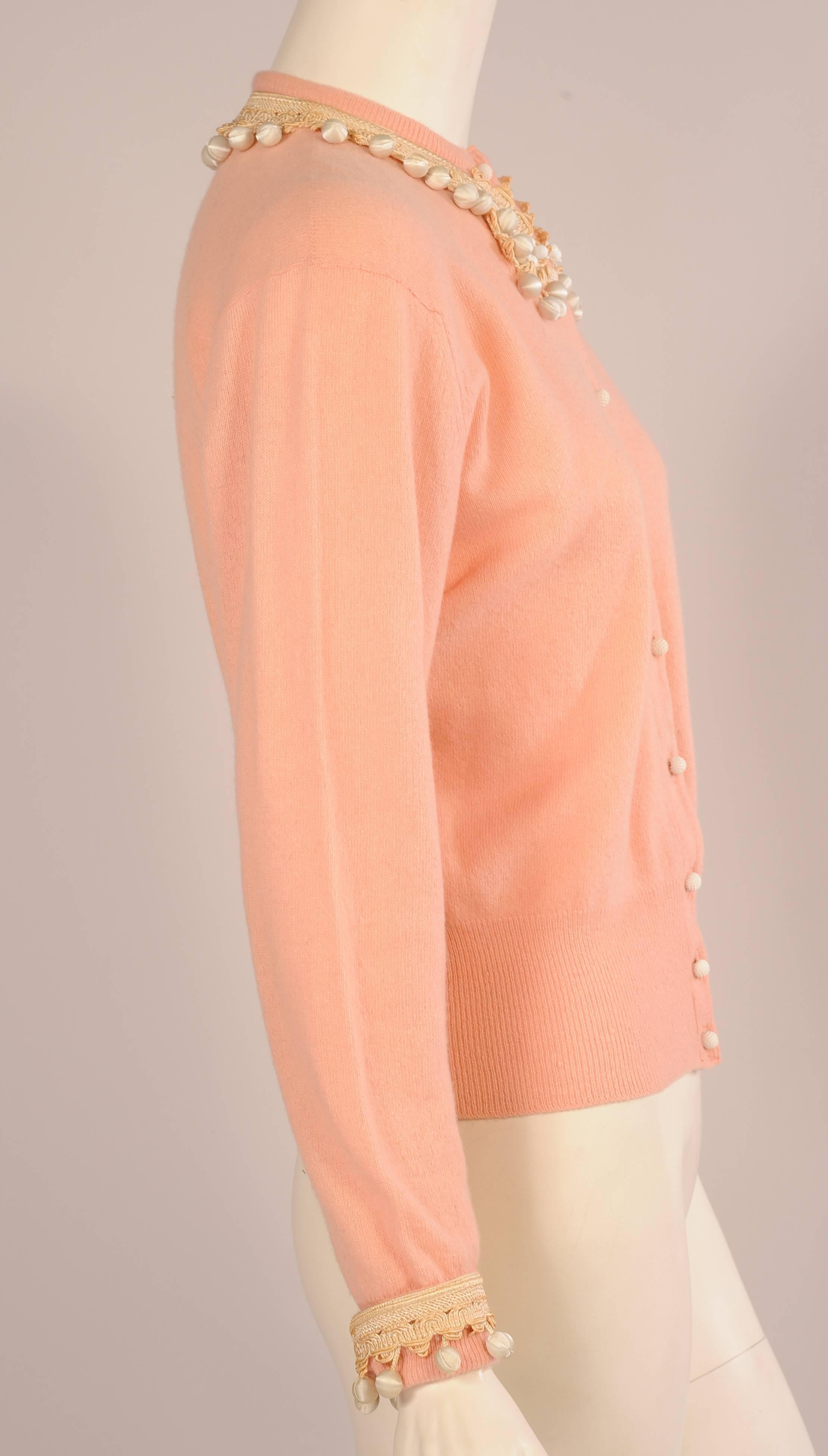Pink Cashmere Sweater with Baubles and Beads, 1950's  In Excellent Condition In New Hope, PA