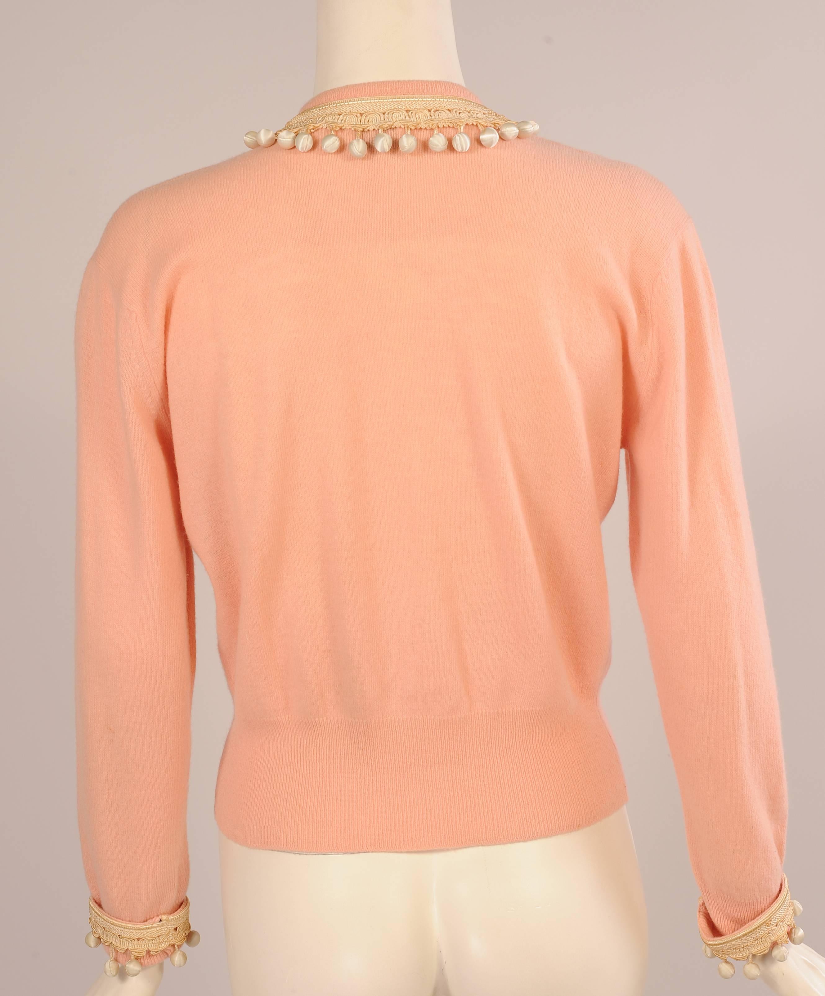 Women's Pink Cashmere Sweater with Baubles and Beads, 1950's 
