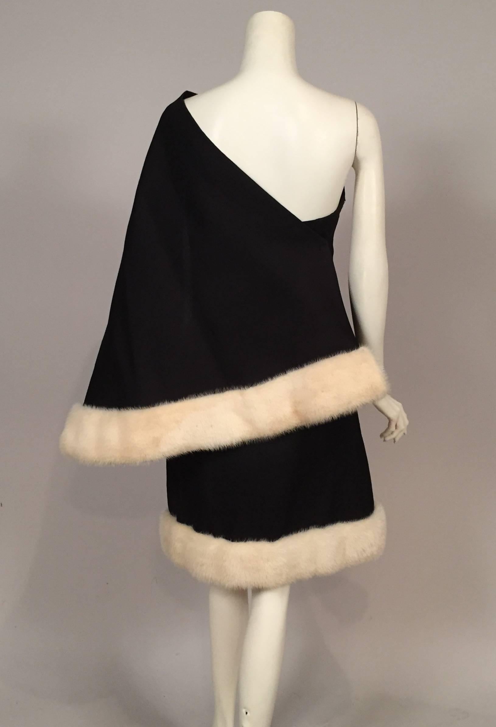 Beige Black Silk Gazar French Haute Couture Dress White Mink Trim 