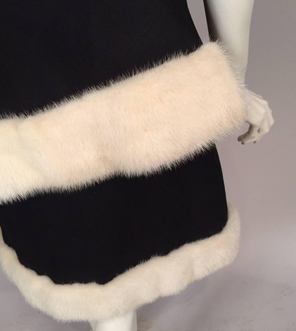 Black Silk Gazar French Haute Couture Dress White Mink Trim  In Excellent Condition In New Hope, PA