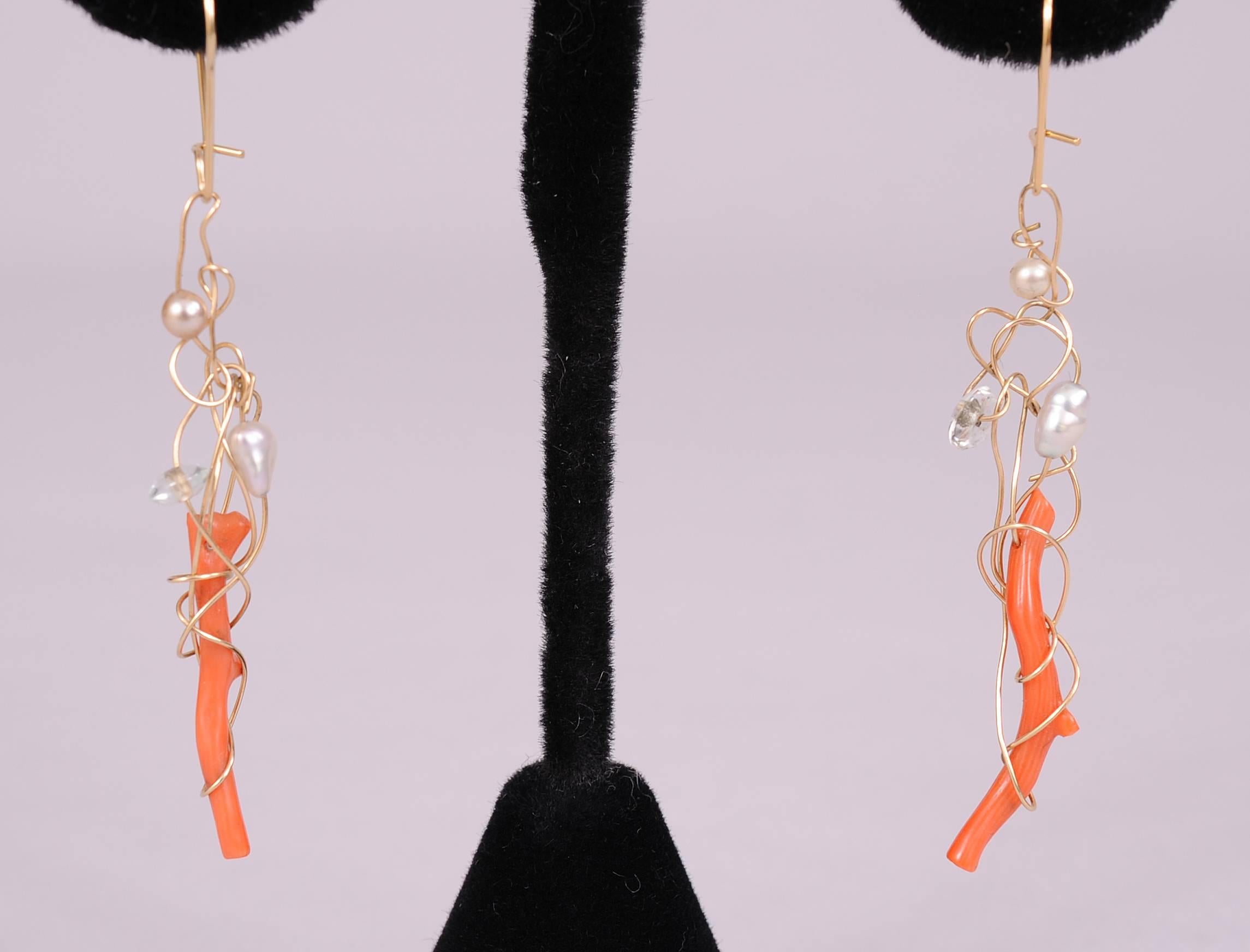 Women's or Men's Kazuko Gold, Pearl, Crystal and Branch Coral Earrings