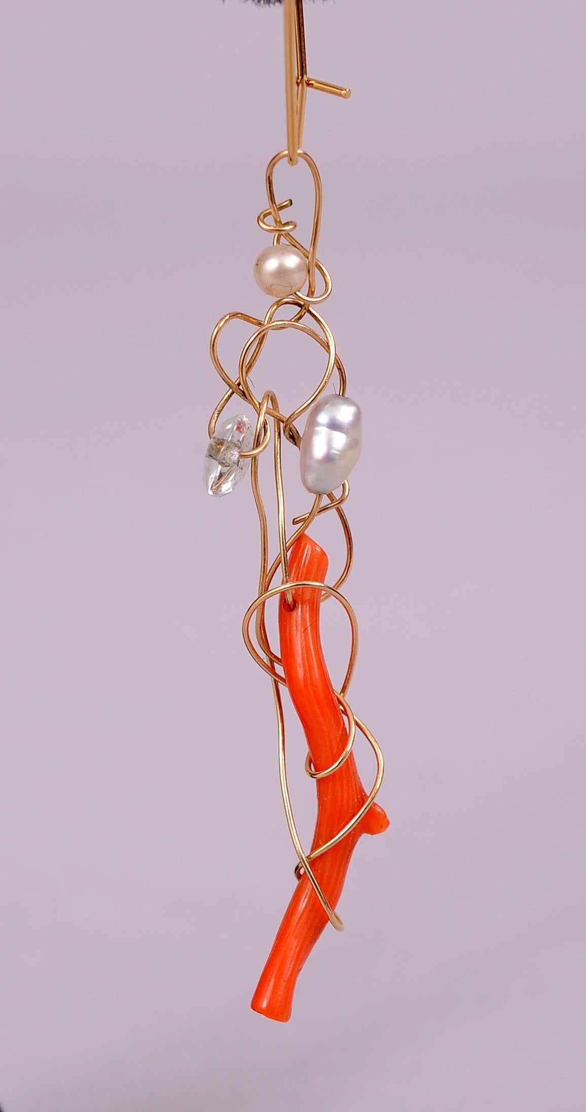 Kazuko Gold, Pearl, Crystal and Branch Coral Earrings 1