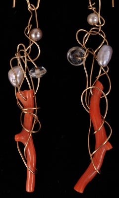 Kazuko Gold, Pearl, Crystal and Branch Coral Earrings
