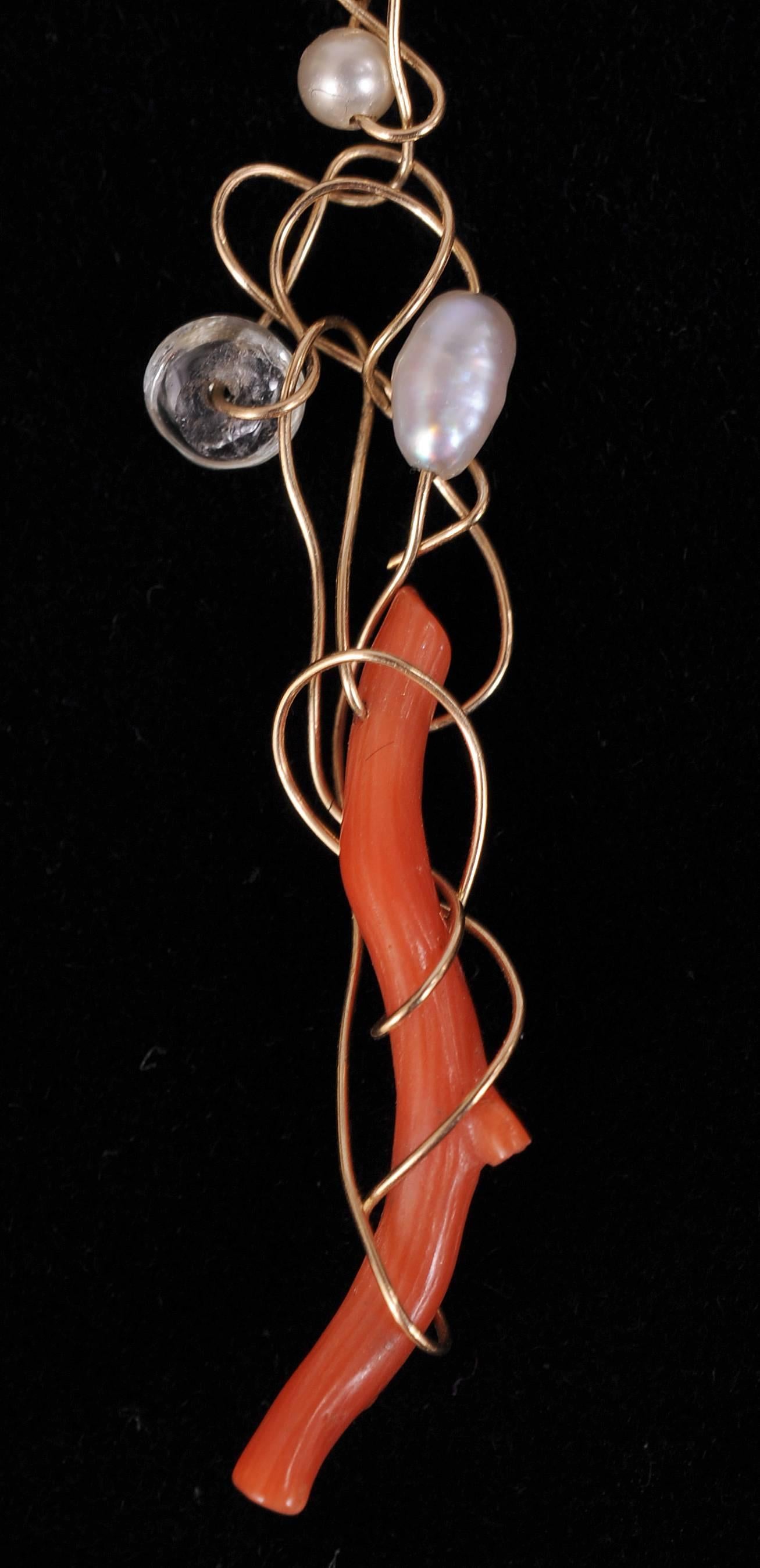Modern Kazuko Gold, Pearl, Crystal and Branch Coral Earrings