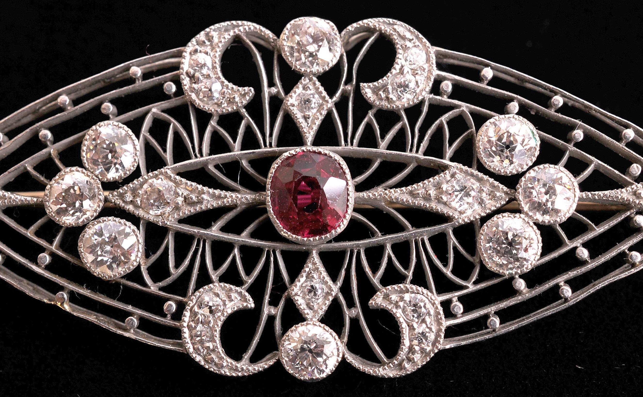 Art Deco Burma Ruby Diamond and Platinum Brooch