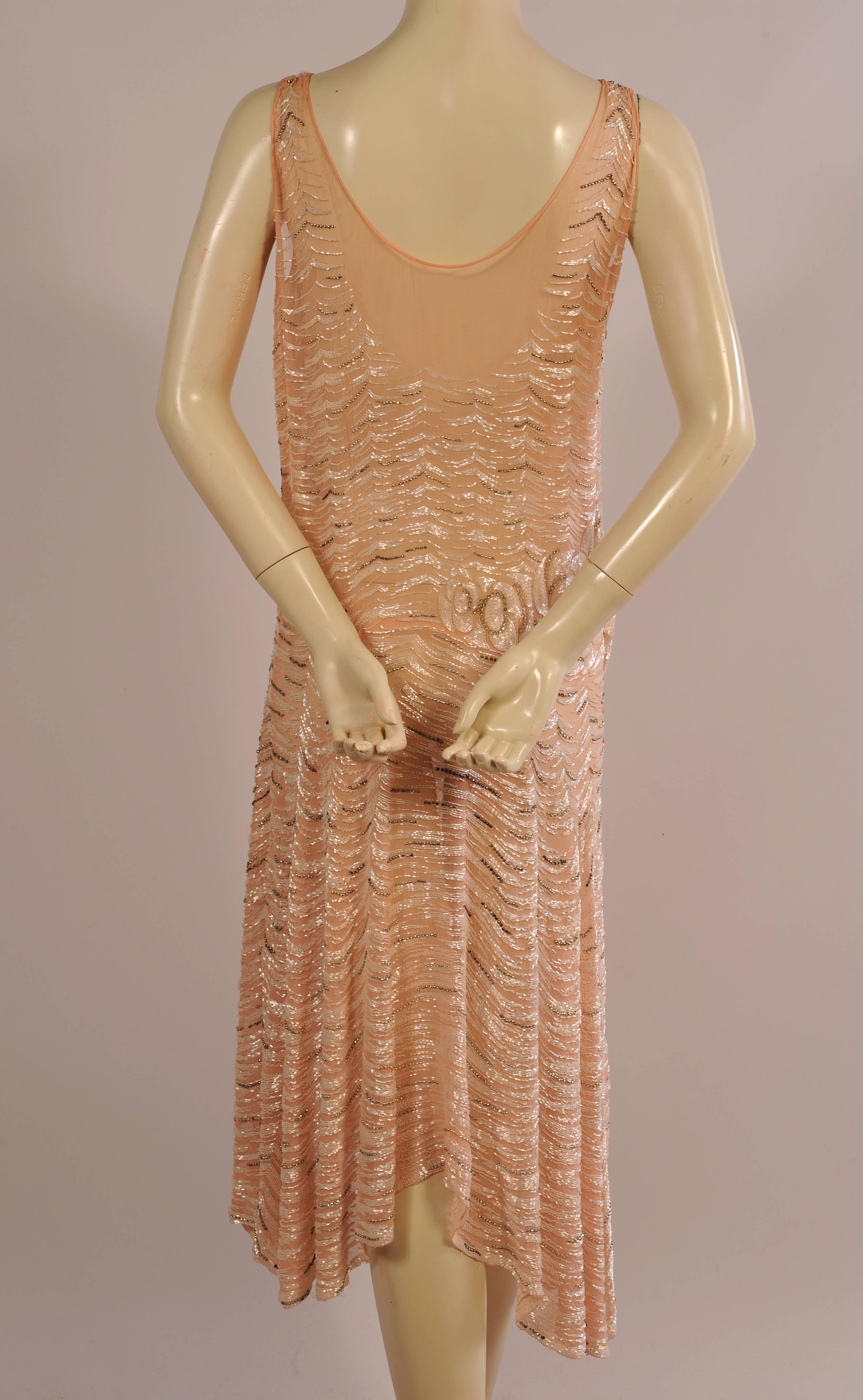 1920's Beaded Pink Silk Chiffon Gatsby Era Evening Dress For Sale 1