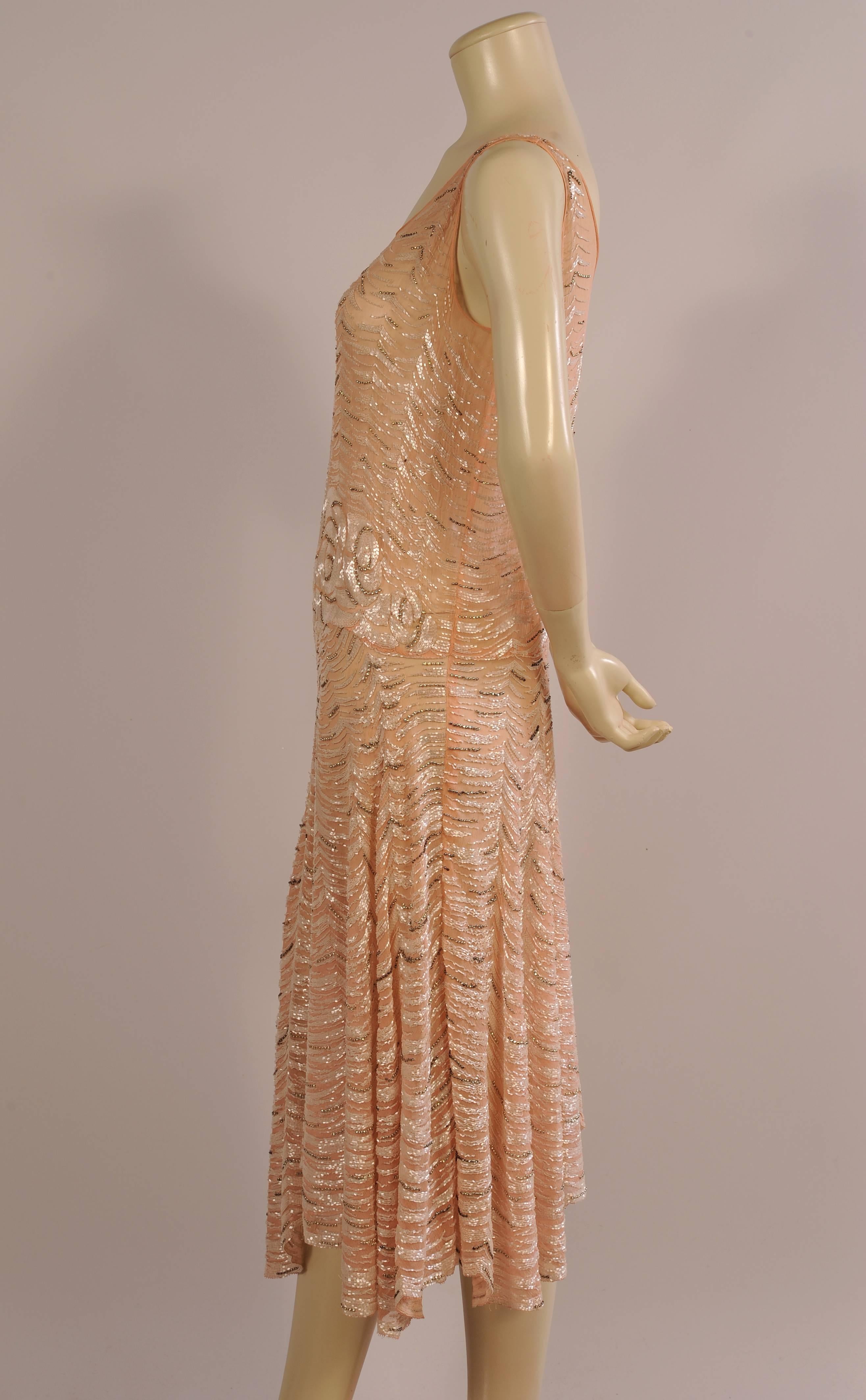 1920's Beaded Pink Silk Chiffon Gatsby Era Evening Dress For Sale 2