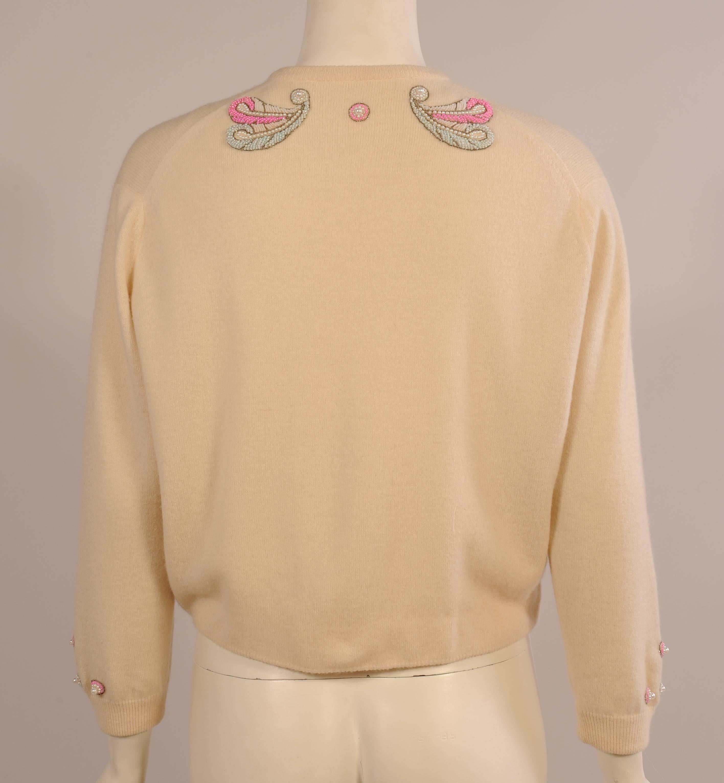 Beige 1950's Malouf Designs Beaded Cashmere Sweater For Sale