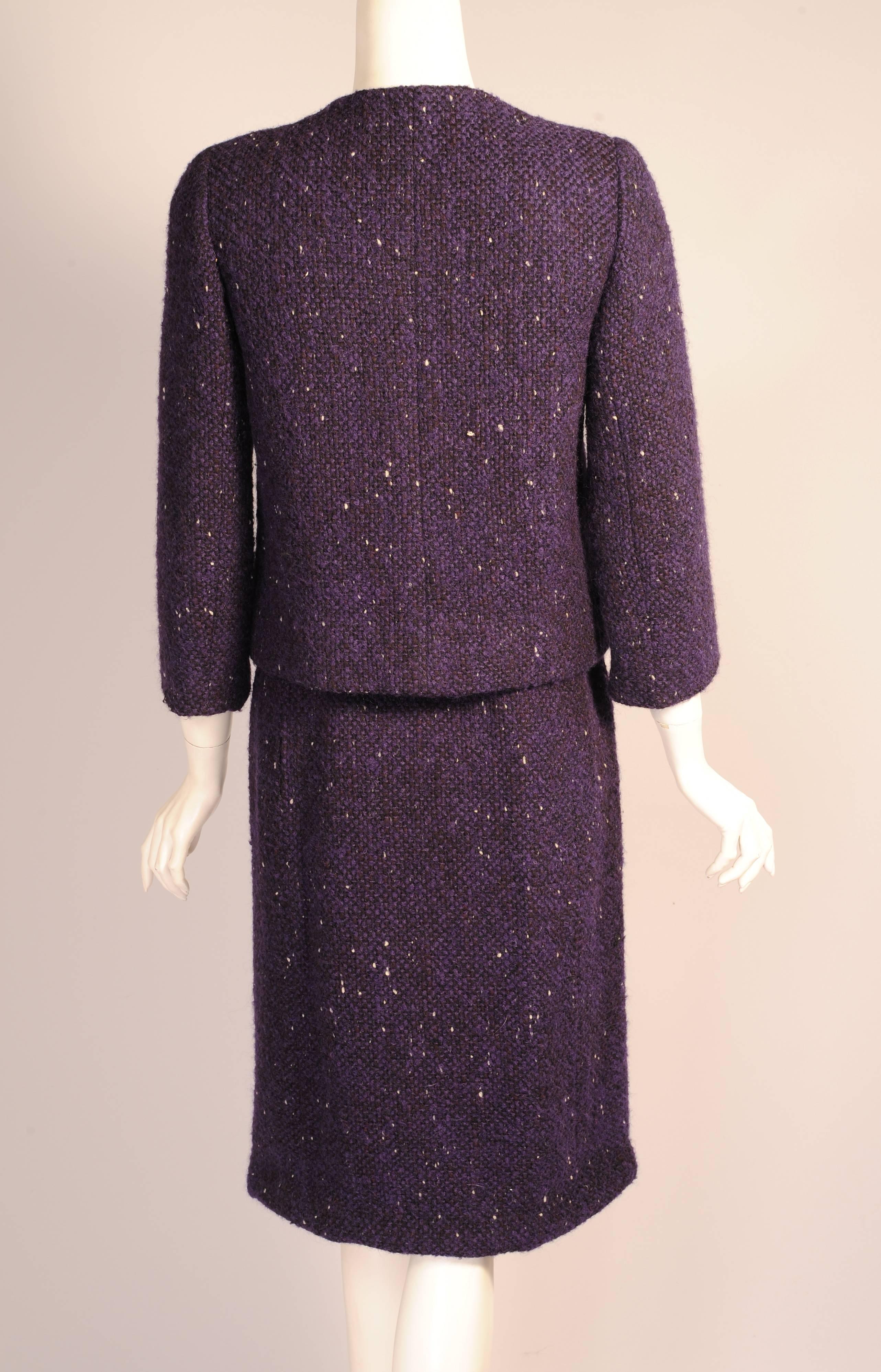 Black Cristobal Balenciaga Eisa Haute Couture Deep Purple Wool Tweed Skirt Suit