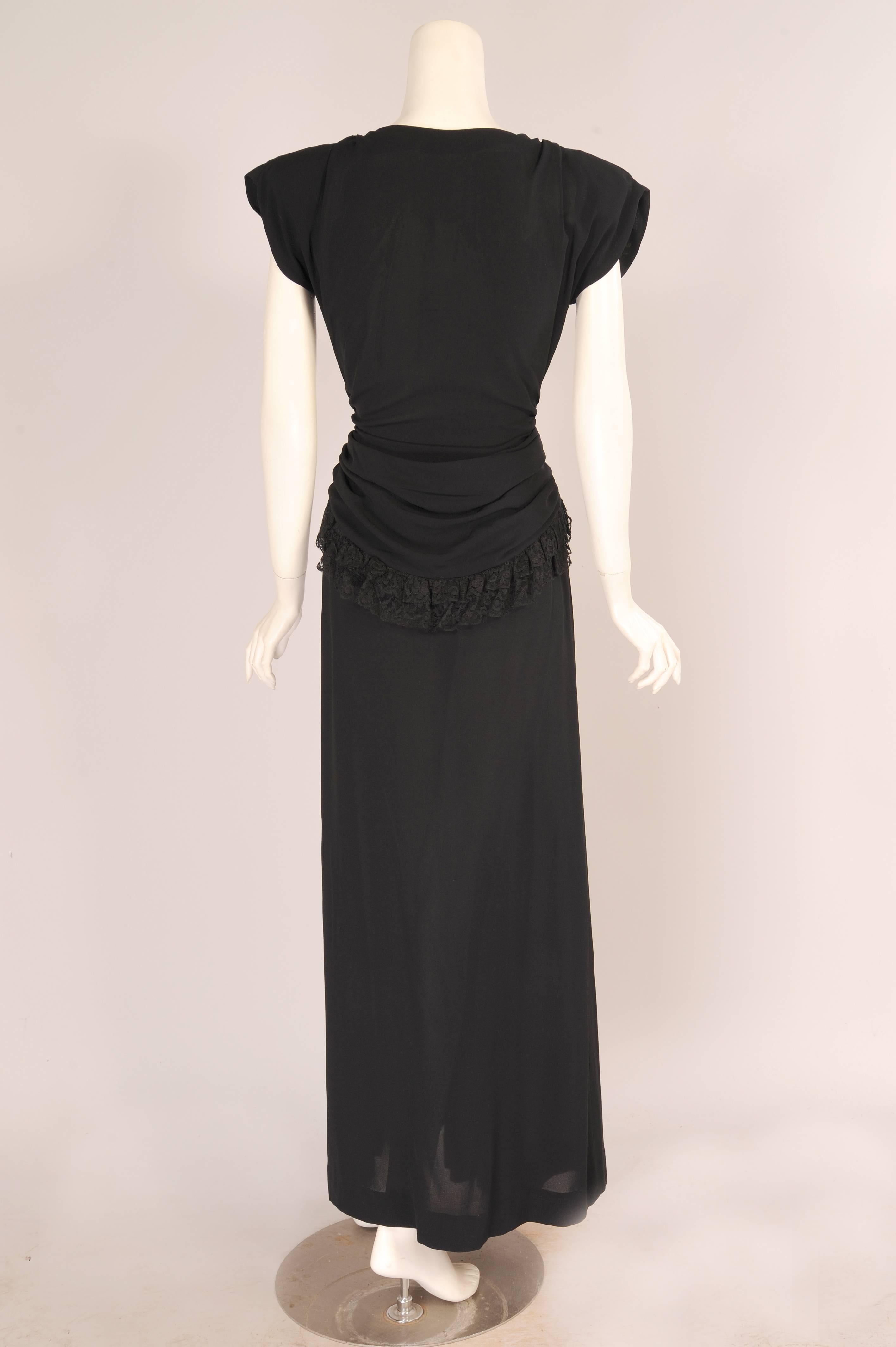 Women's Eisenberg Originals Lace trimmed Black Crepe Evening Gown with Peplum, 1940s 