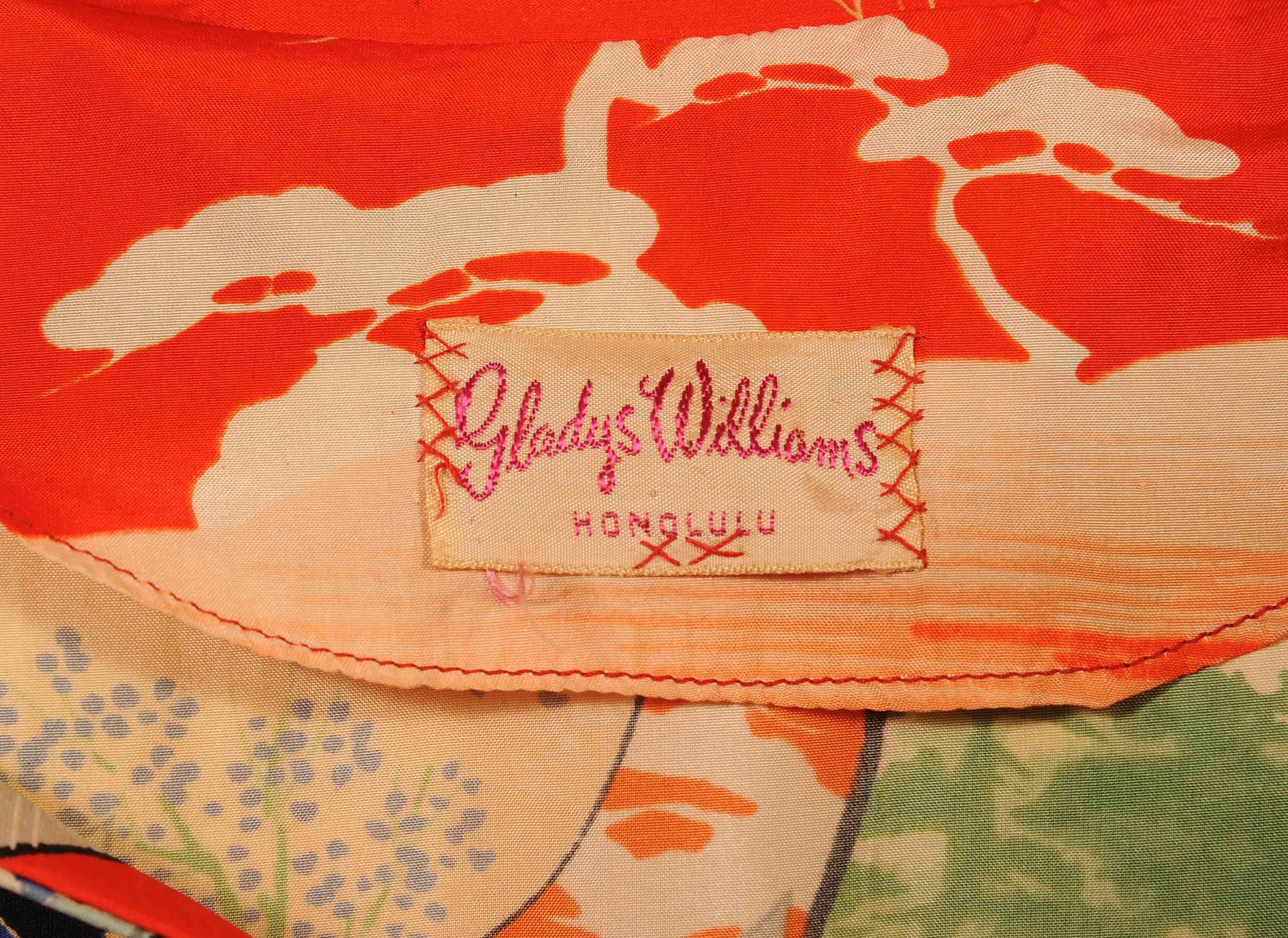 Orange Gladys Williams Hawaiian Dress Red Silk Print with a Japanese Inspired Design