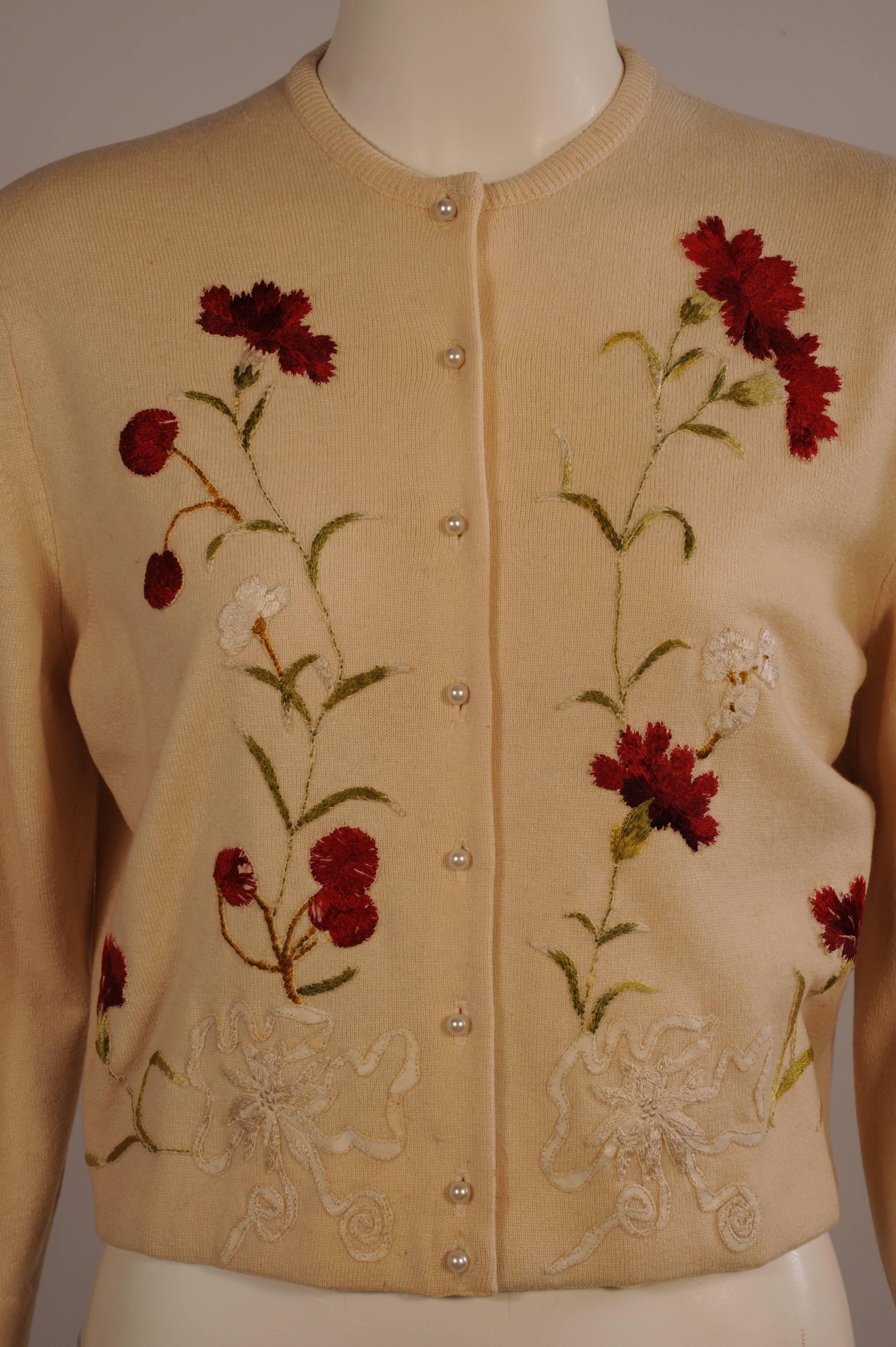 Brown Helen Bond Carruthers Cashmere Sweater with Antique Silk Floral Appliques