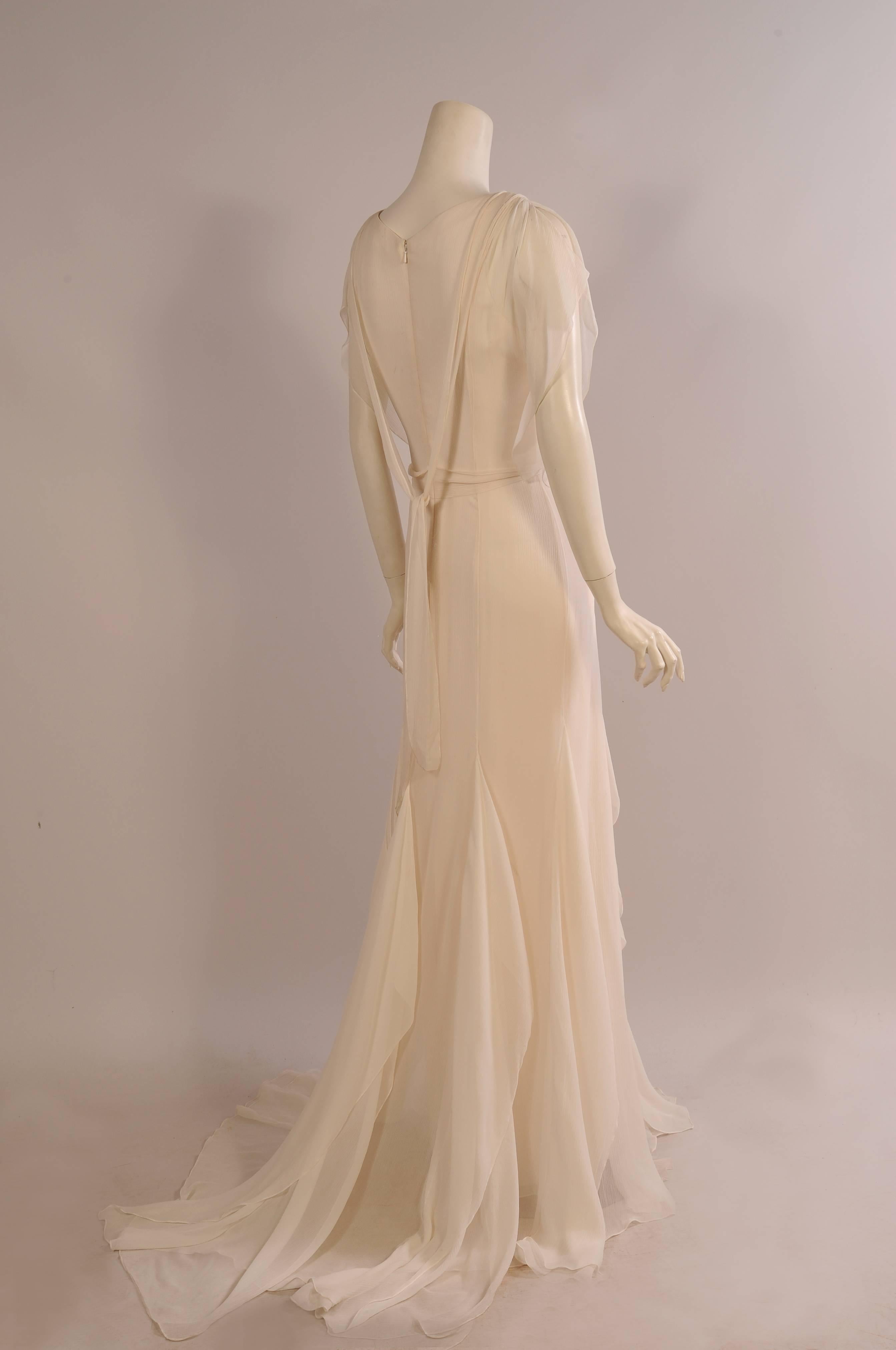 Brown Carolina Herrera Ivory Silk Georgette Evening  Gown Wedding Dress with Train