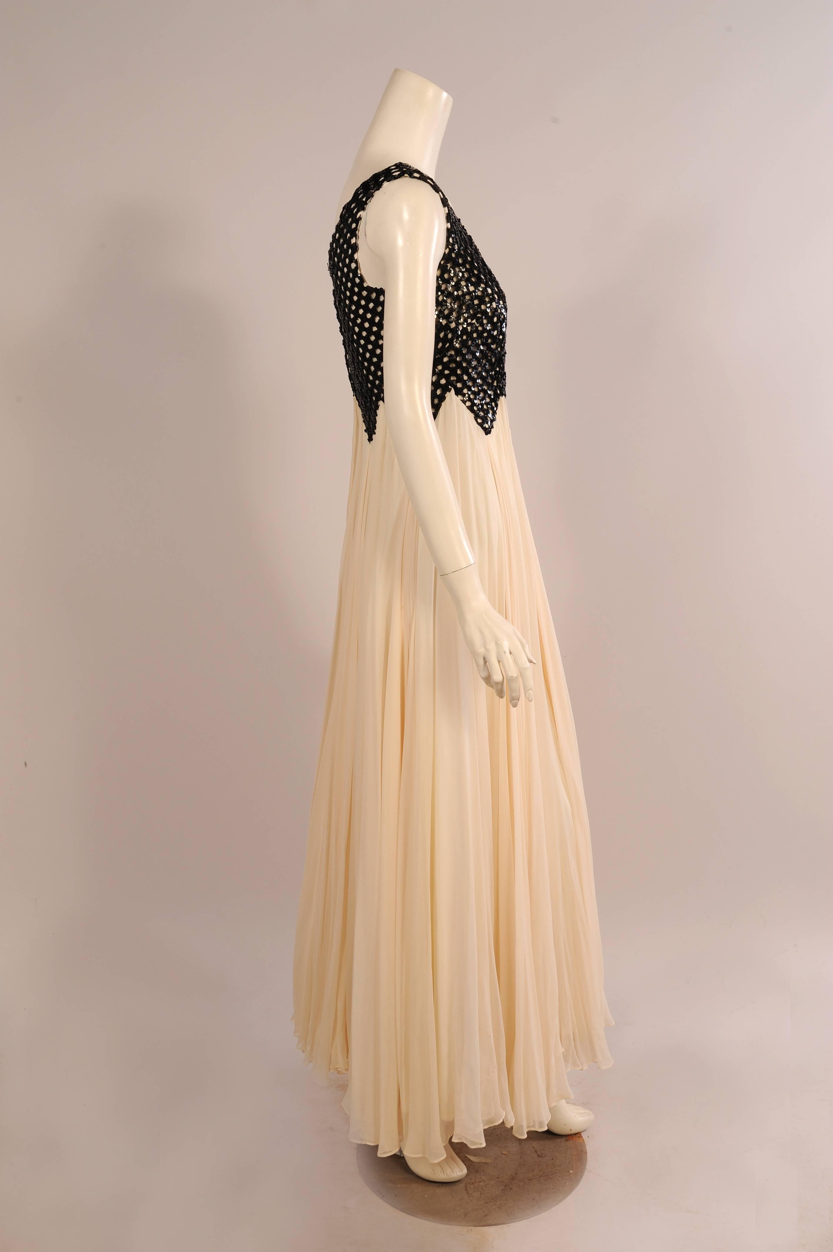 White 1960's Evening Gown Black Sequin Lattice Work Bodice over an Ivory Chiffon Skirt