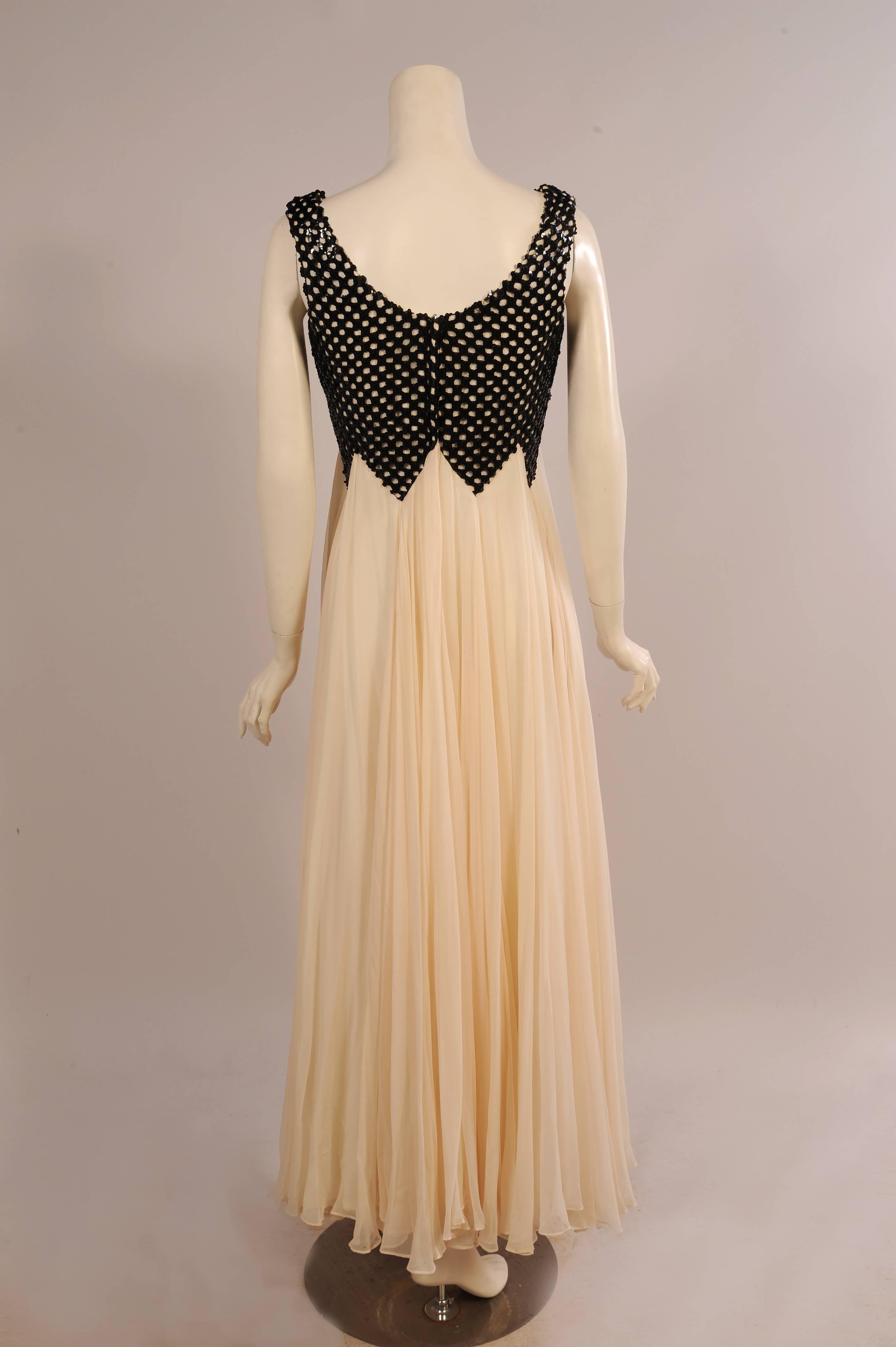 1960's Evening Gown Black Sequin Lattice Work Bodice over an Ivory Chiffon Skirt In Excellent Condition In New Hope, PA