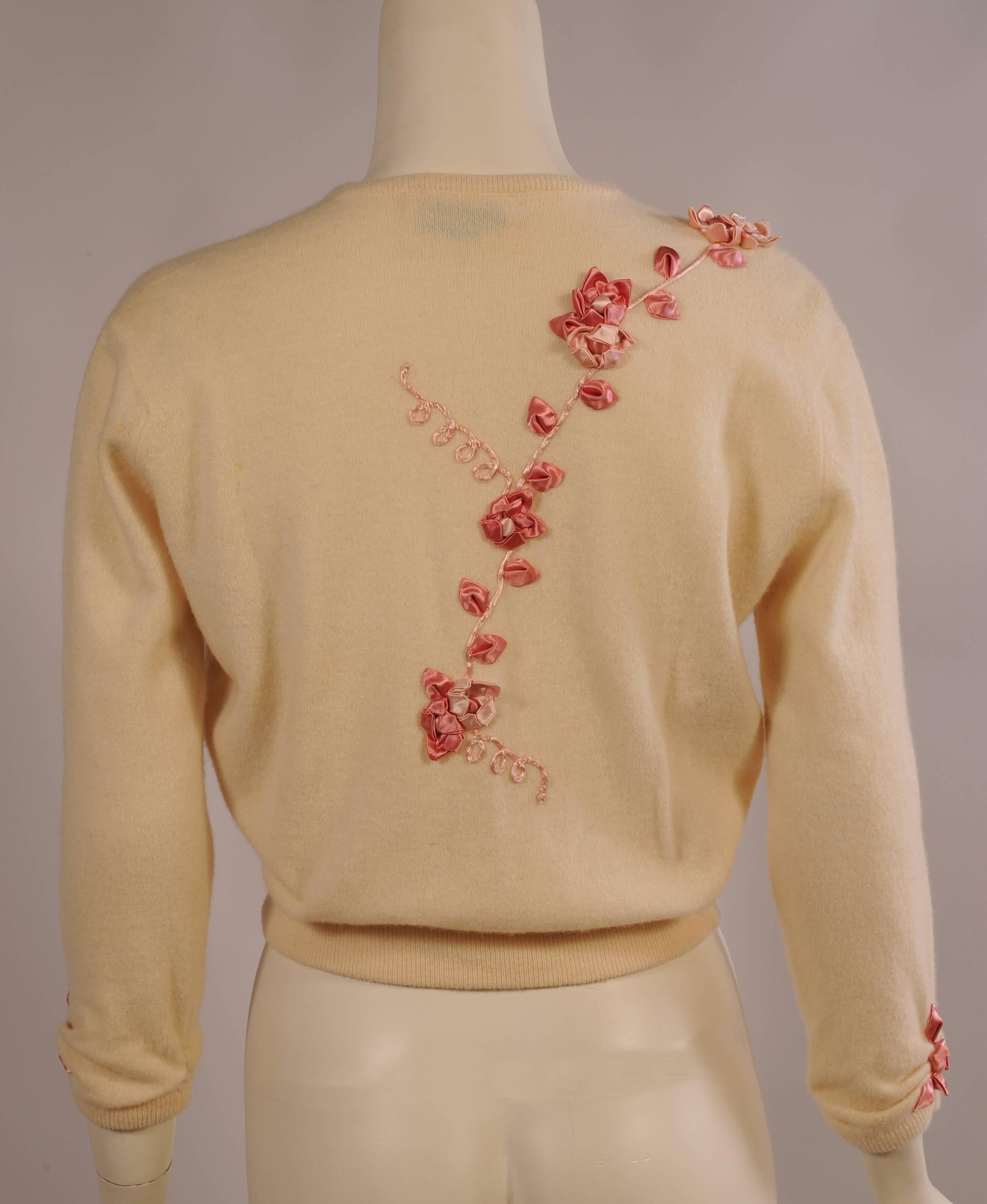 1950's Estelle Parker Cashmere Sweater with Silk Ribbon Flowers at ...
