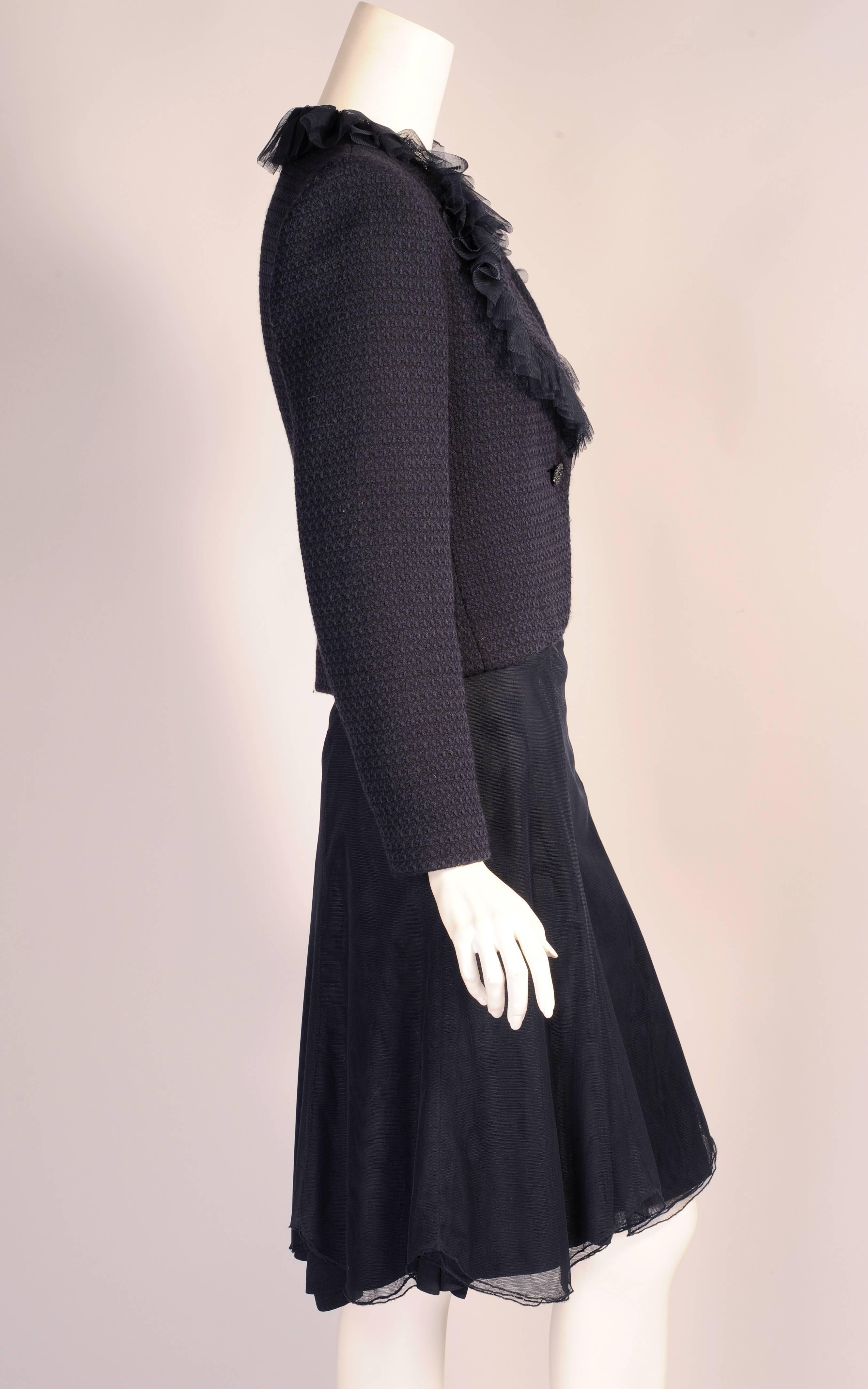 Chanel Midnight Blue Tweed and Tulle Jacket and Tulle Skirt Suit  In Excellent Condition In New Hope, PA
