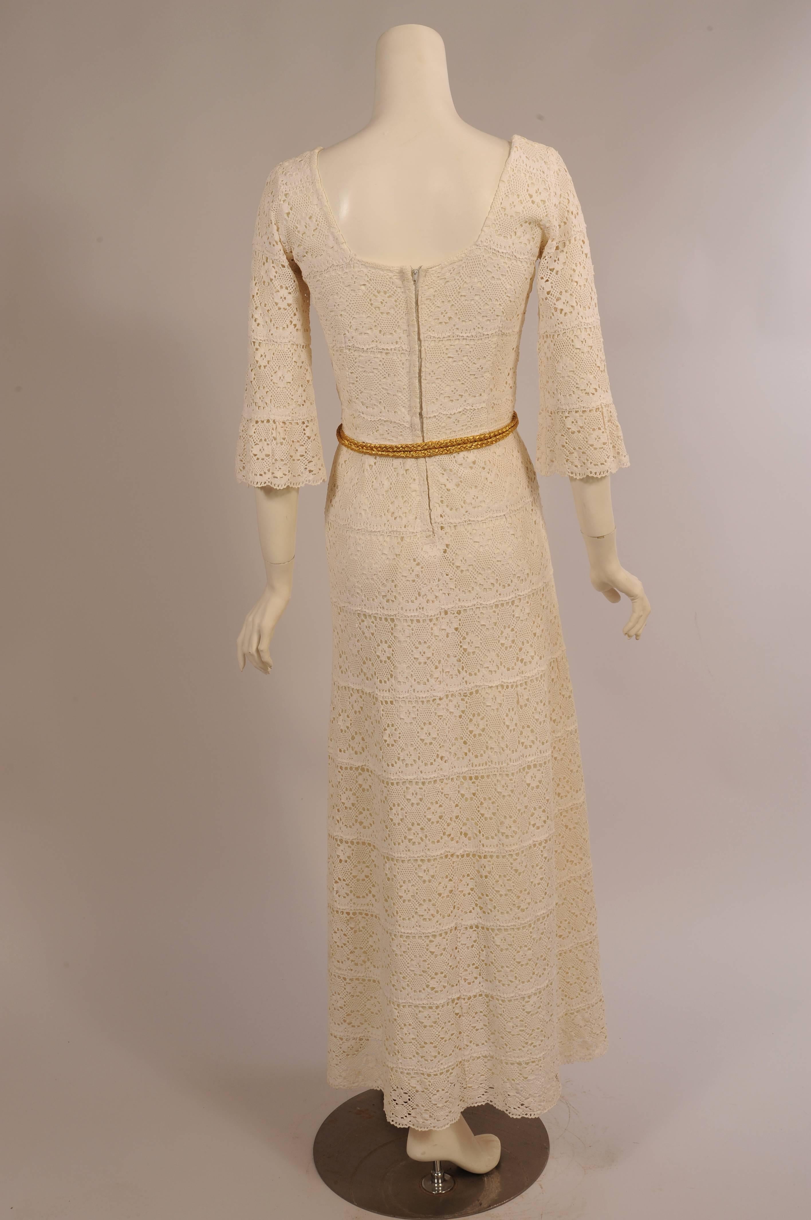 1970's Lace Maxi Dress with Braided Metallic Gold Belt In Excellent Condition For Sale In New Hope, PA