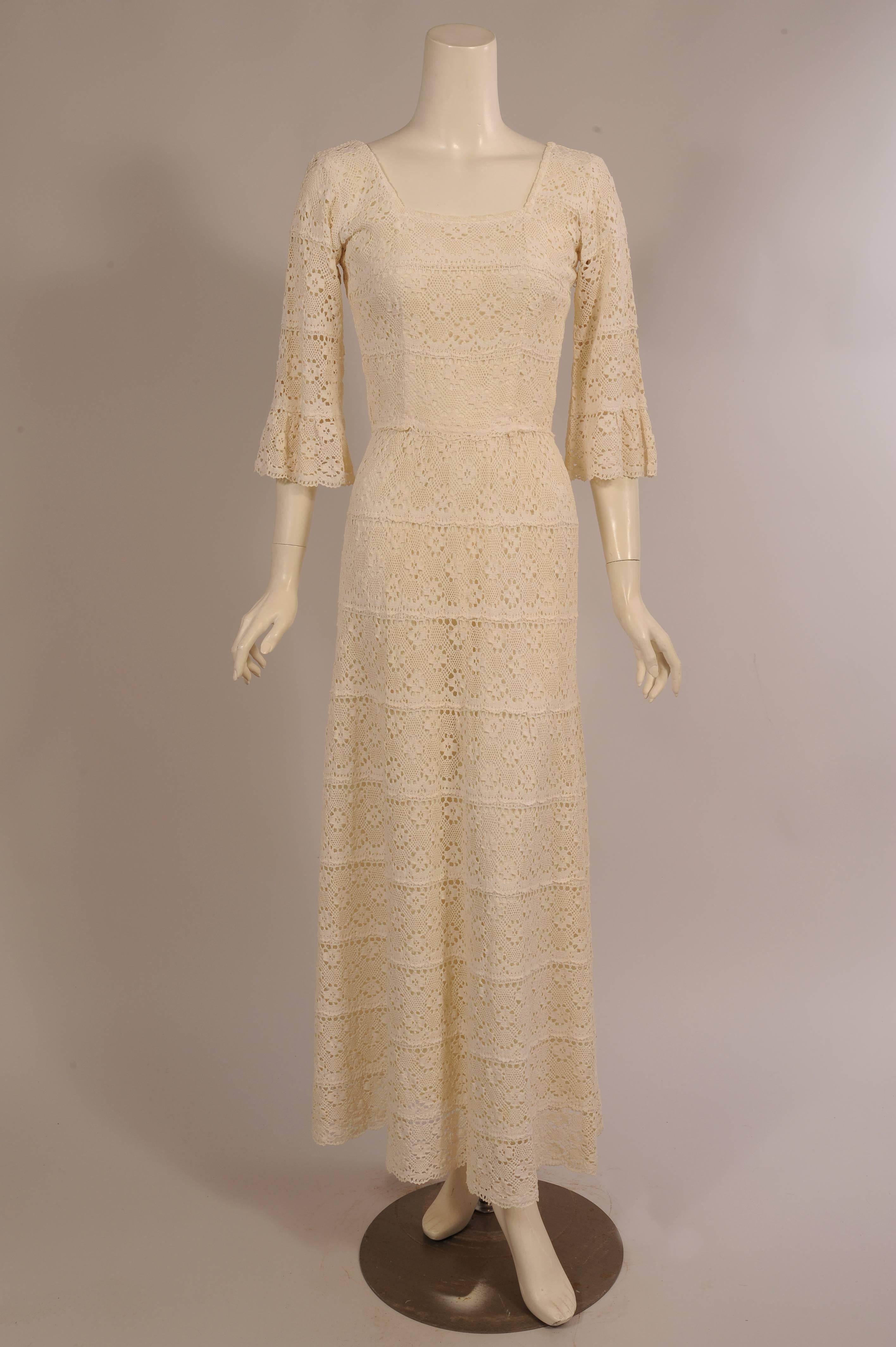 Women's 1970's Lace Maxi Dress with Braided Metallic Gold Belt For Sale