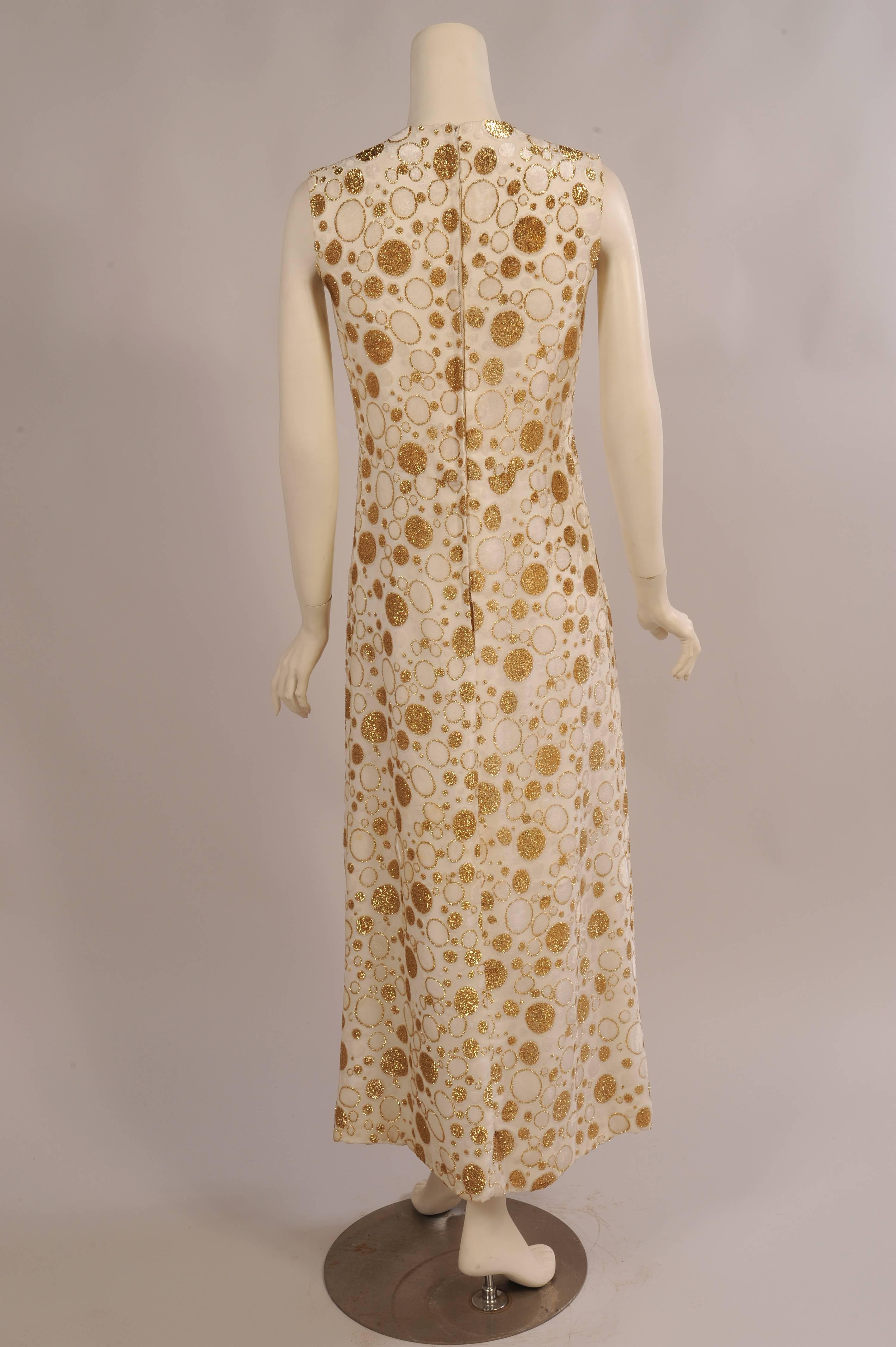 Beige Carrie Couture 1960's Gold and White Velvet and Lurex Chiffon Dress with Jewel  For Sale