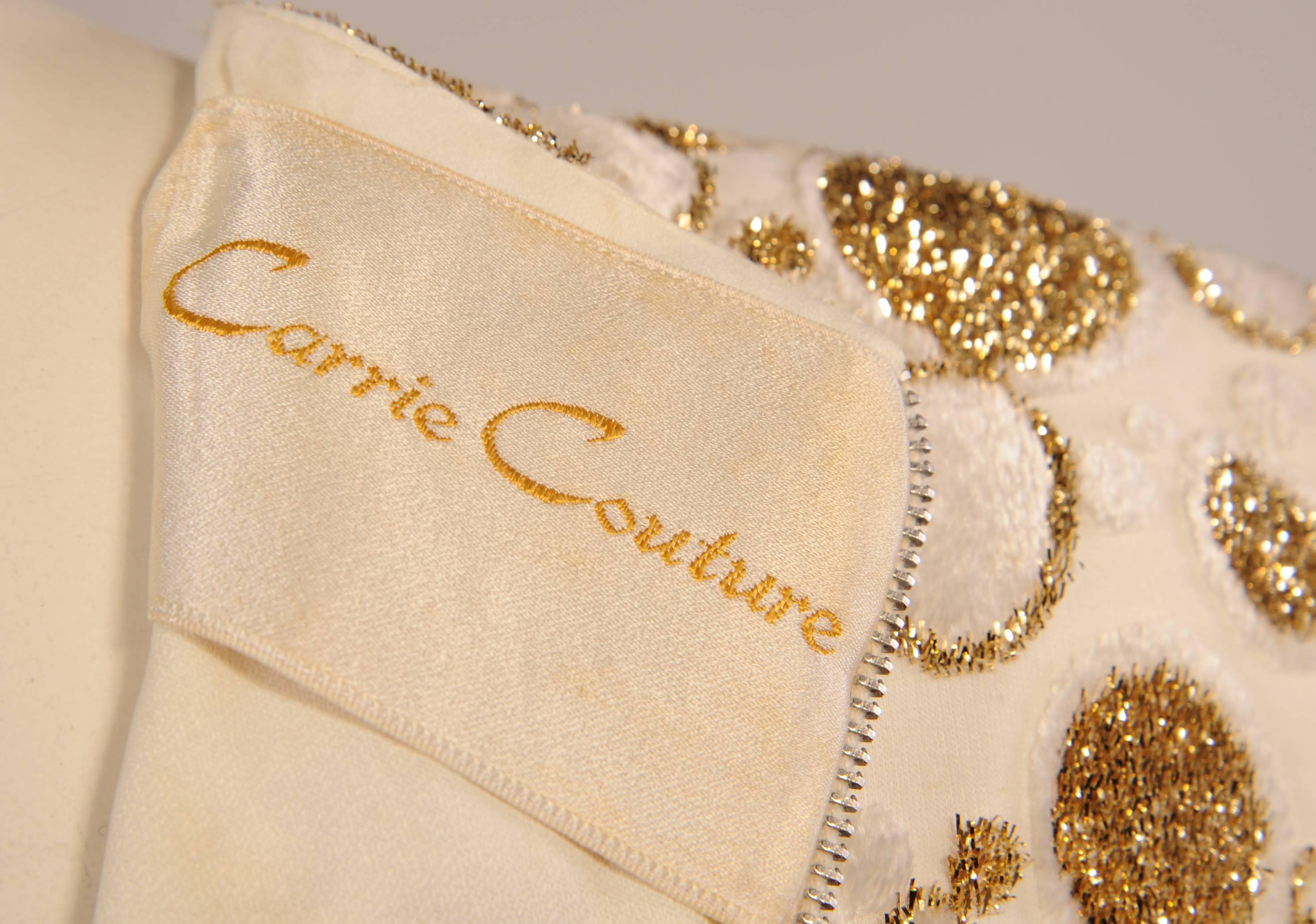 Carrie Couture 1960's Gold and White Velvet and Lurex Chiffon Dress with Jewel  In Excellent Condition For Sale In New Hope, PA