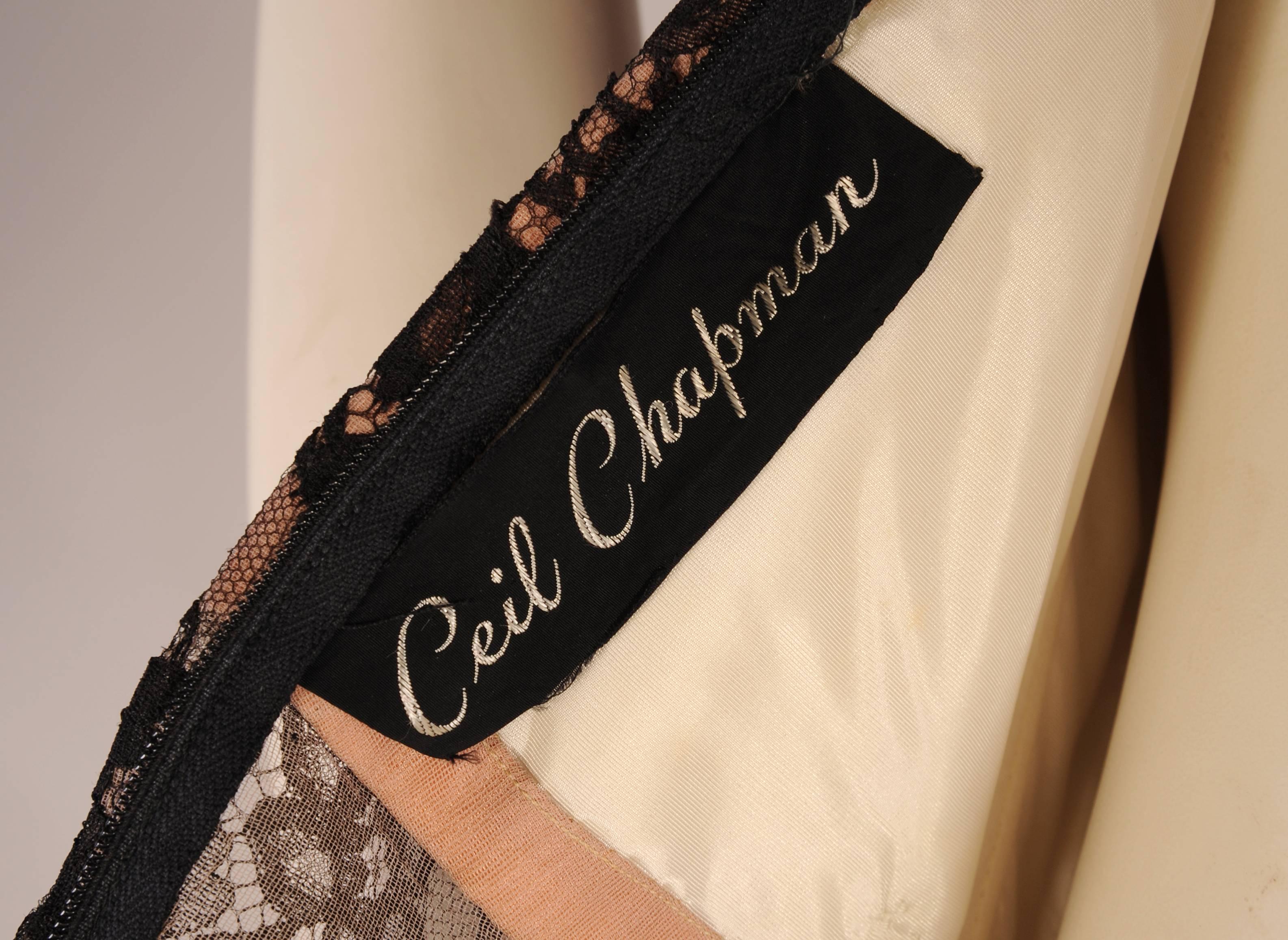 Women's Ceil Chapman Black Lace over Nude Cocktail Dress, 1950s