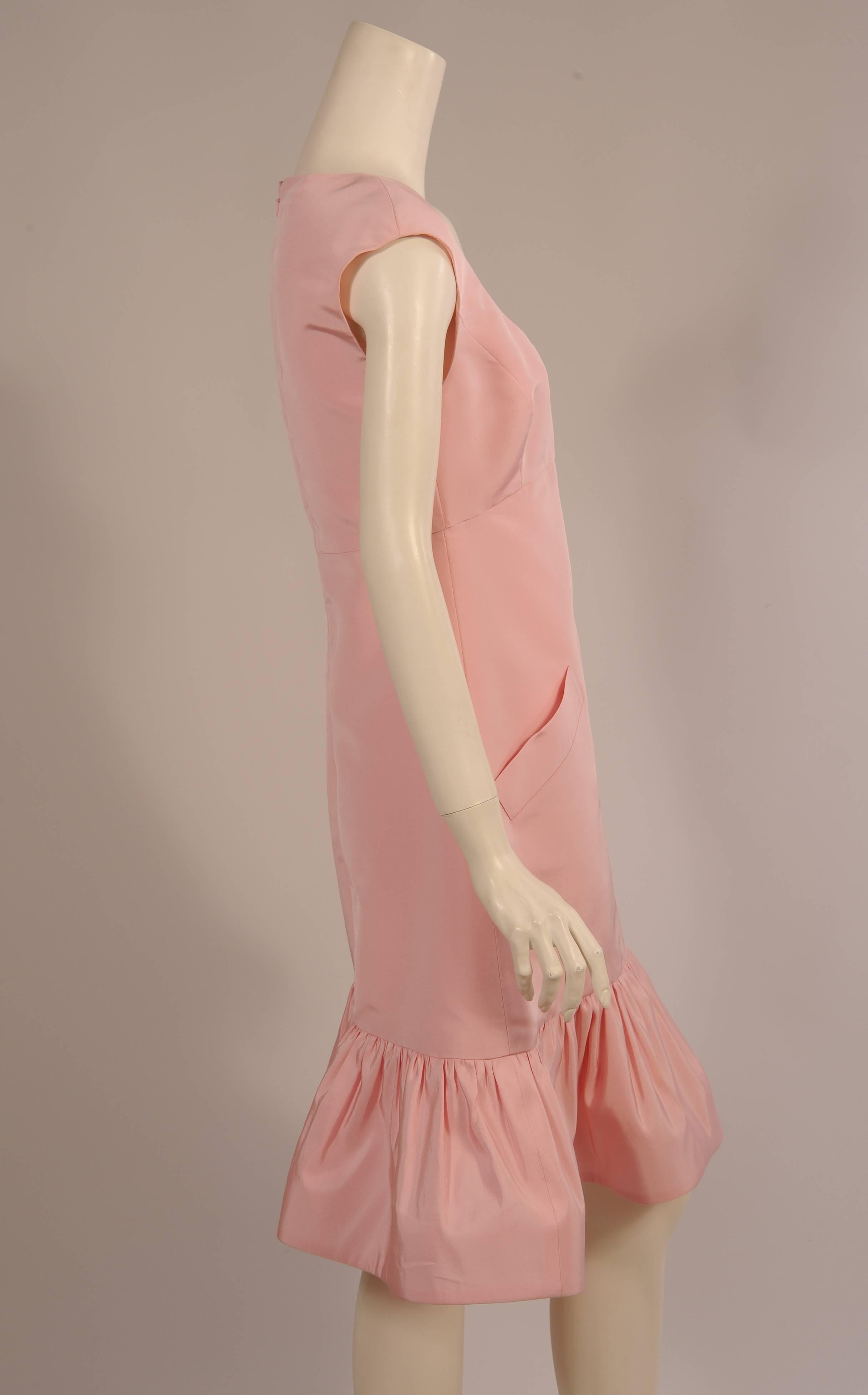 Beige Oscar de la Renta Pink Silk Dress with Ruffled Hem