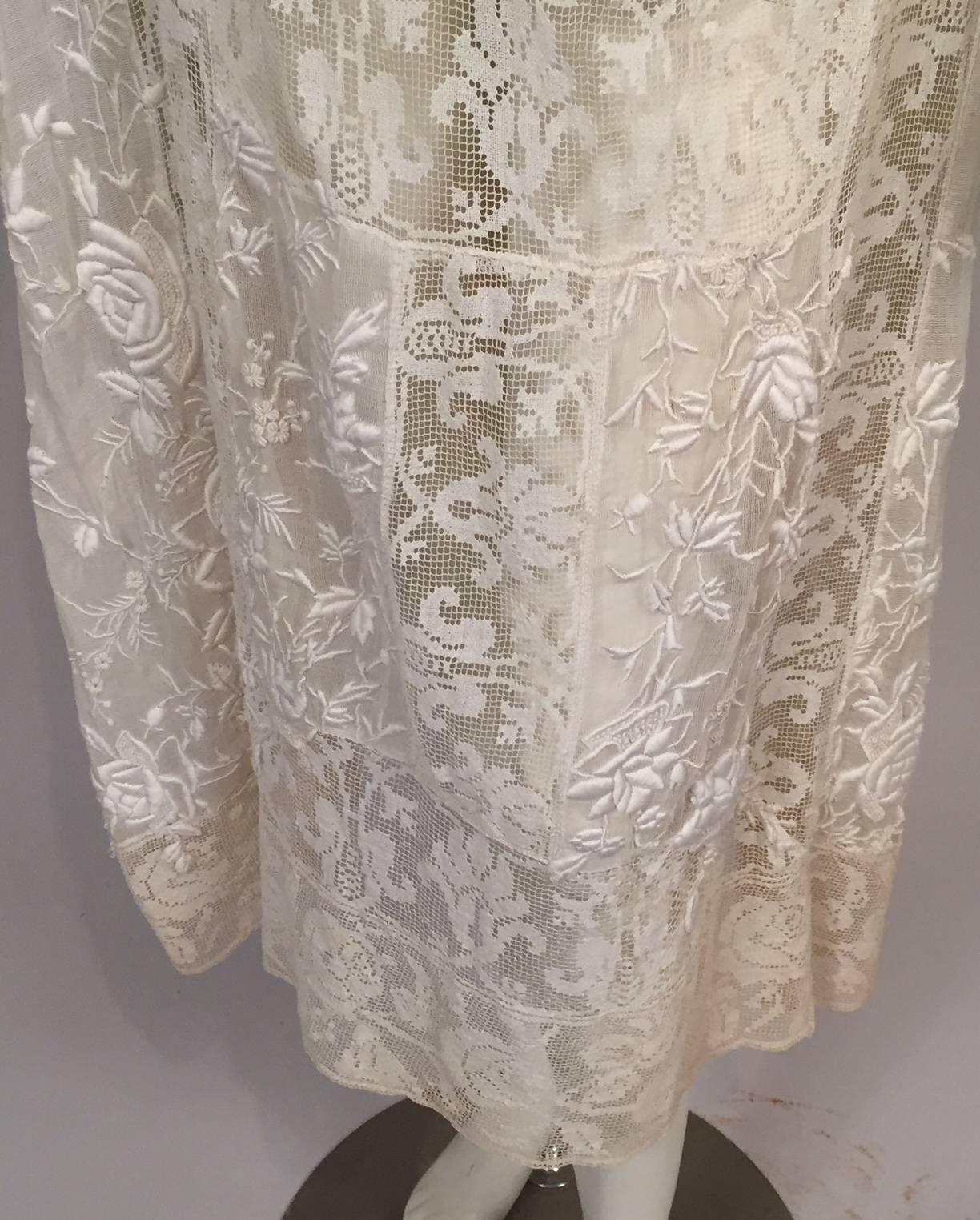1920's Hand Made Mixed Lace and Embroidered Dress Rare Larger Size In Excellent Condition In New Hope, PA