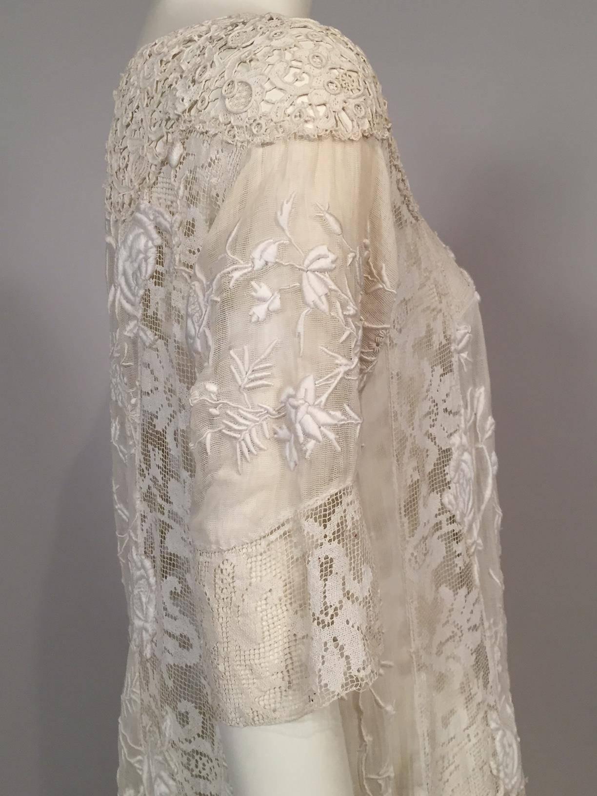 1920's Hand Made Mixed Lace and Embroidered Dress Rare Larger Size 1
