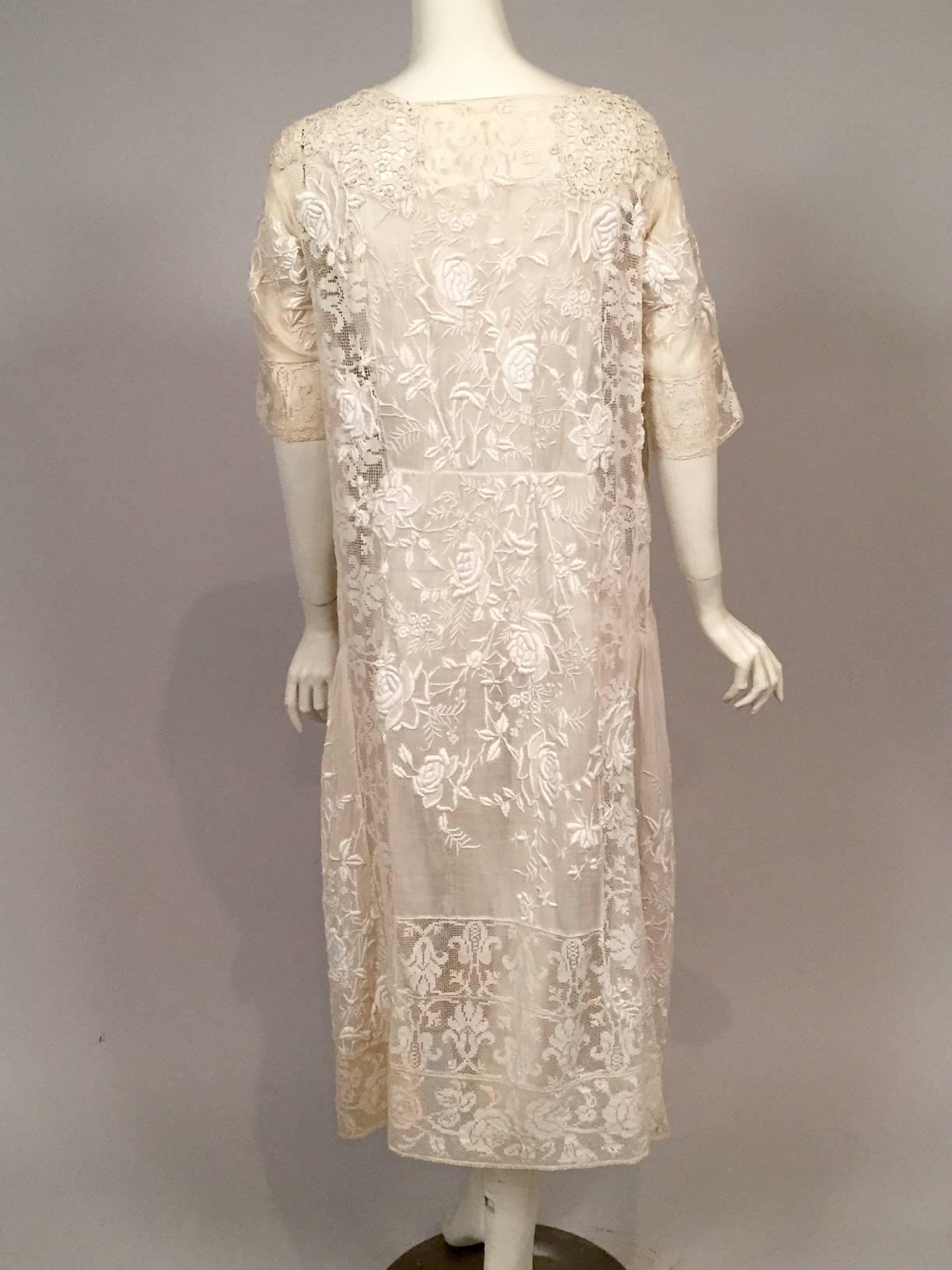 1920's Hand Made Mixed Lace and Embroidered Dress Rare Larger Size 2