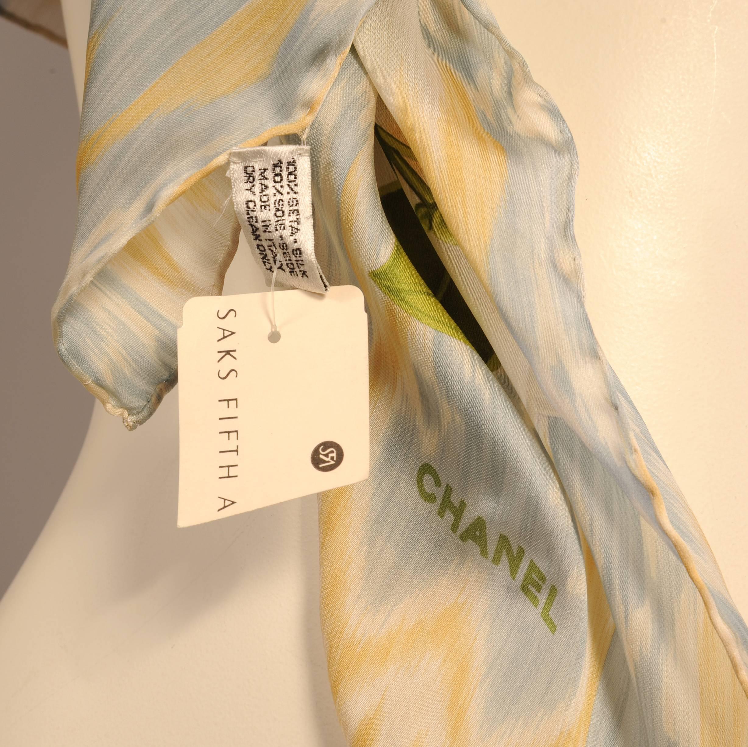 Beige Chanel Silk Scarf Camellia Branches on Ikat Background Never Worn 