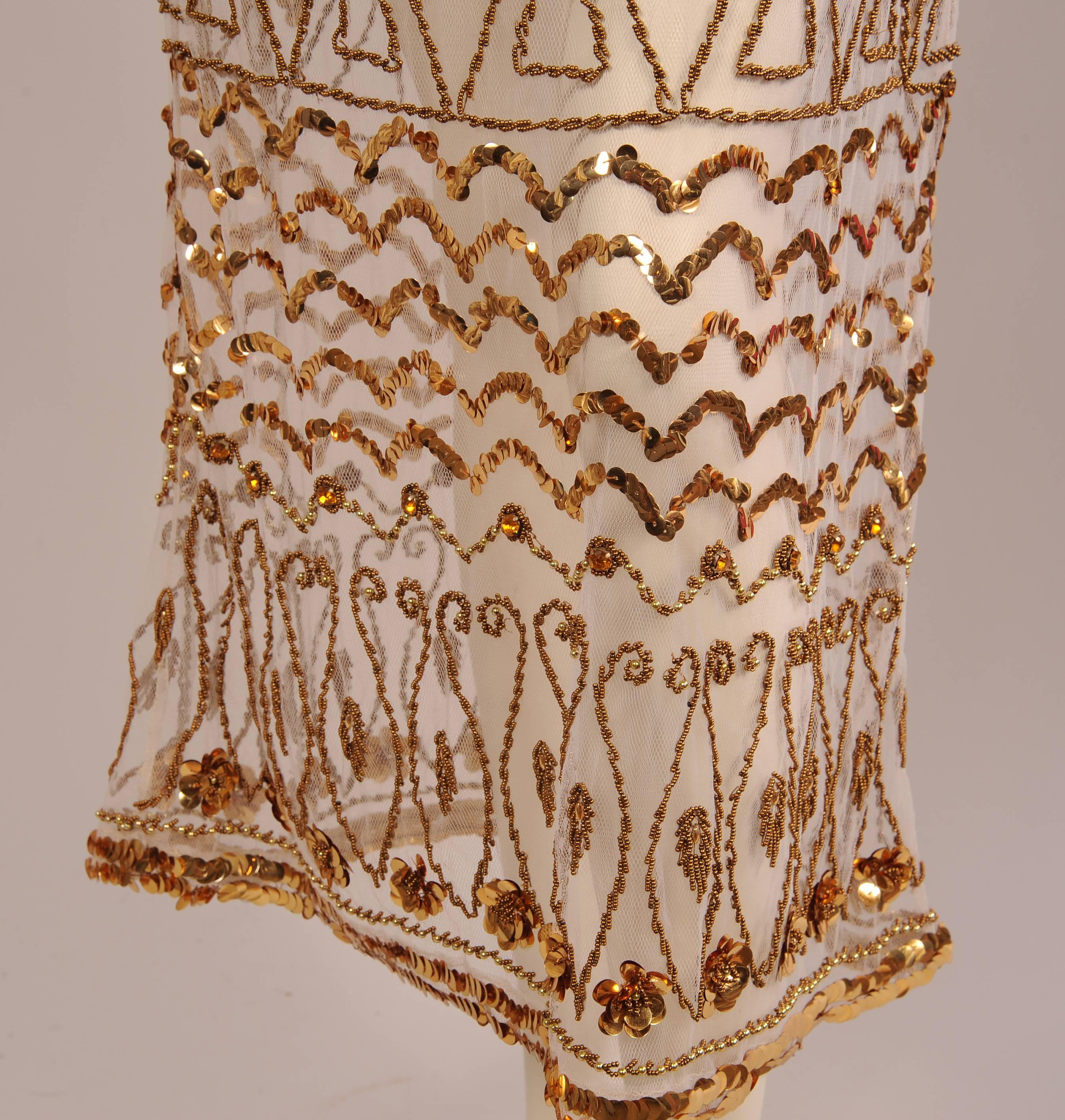 Beige Gold Beaded White Net Dress