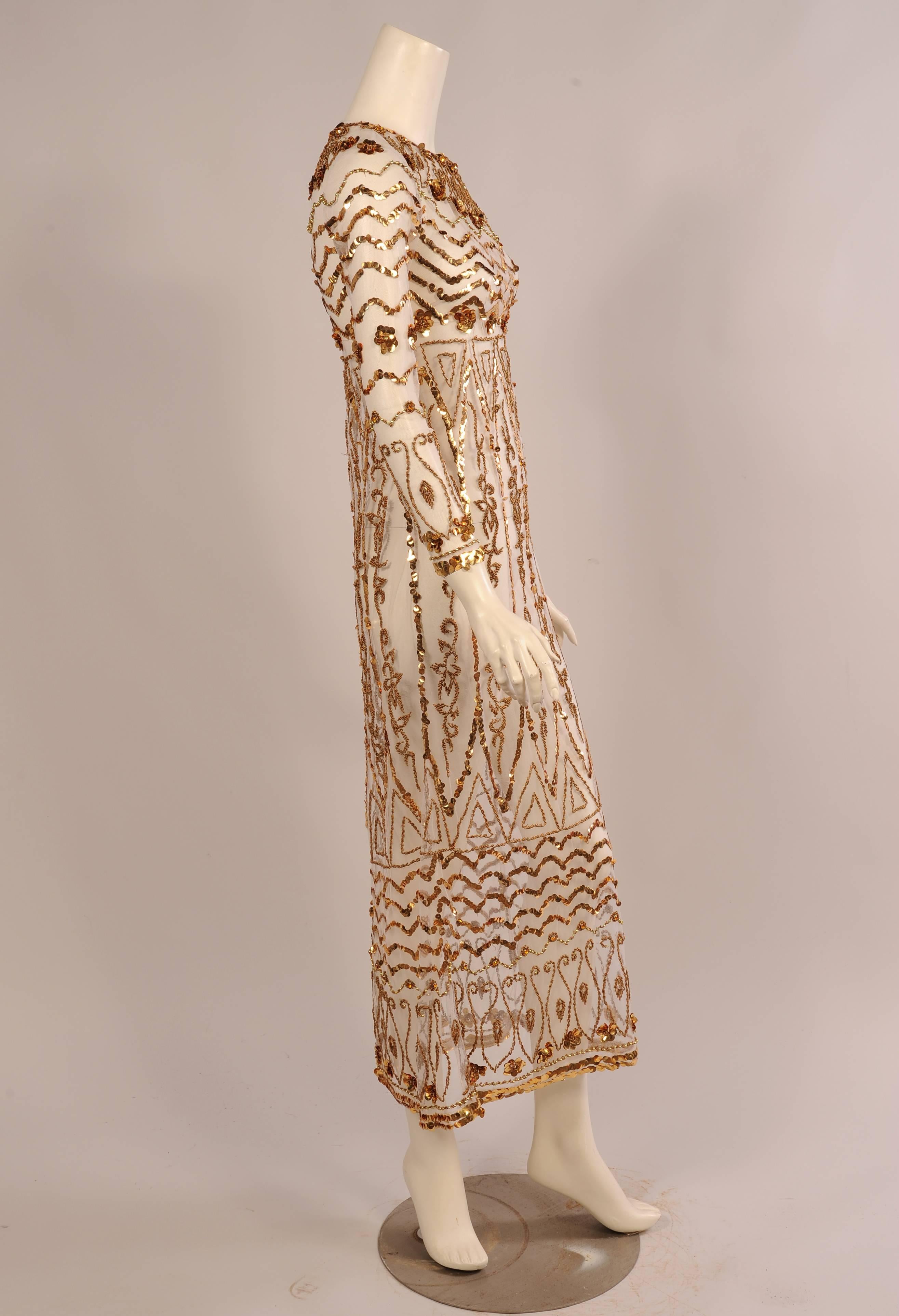 Gold Beaded White Net Dress In Excellent Condition In New Hope, PA