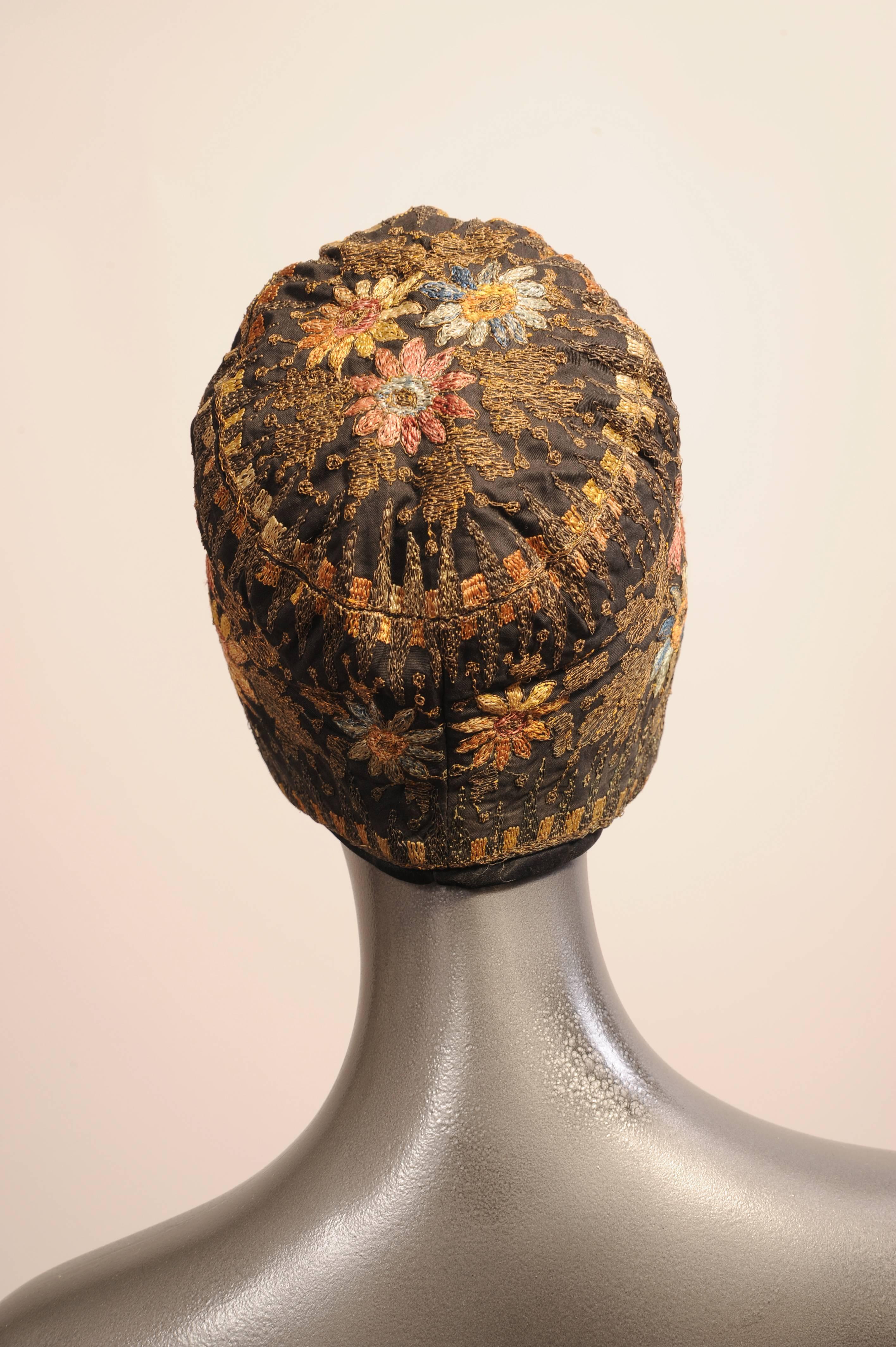 Brown Silk and Gold Thread Embroidered Cloche Hat, 1920s 