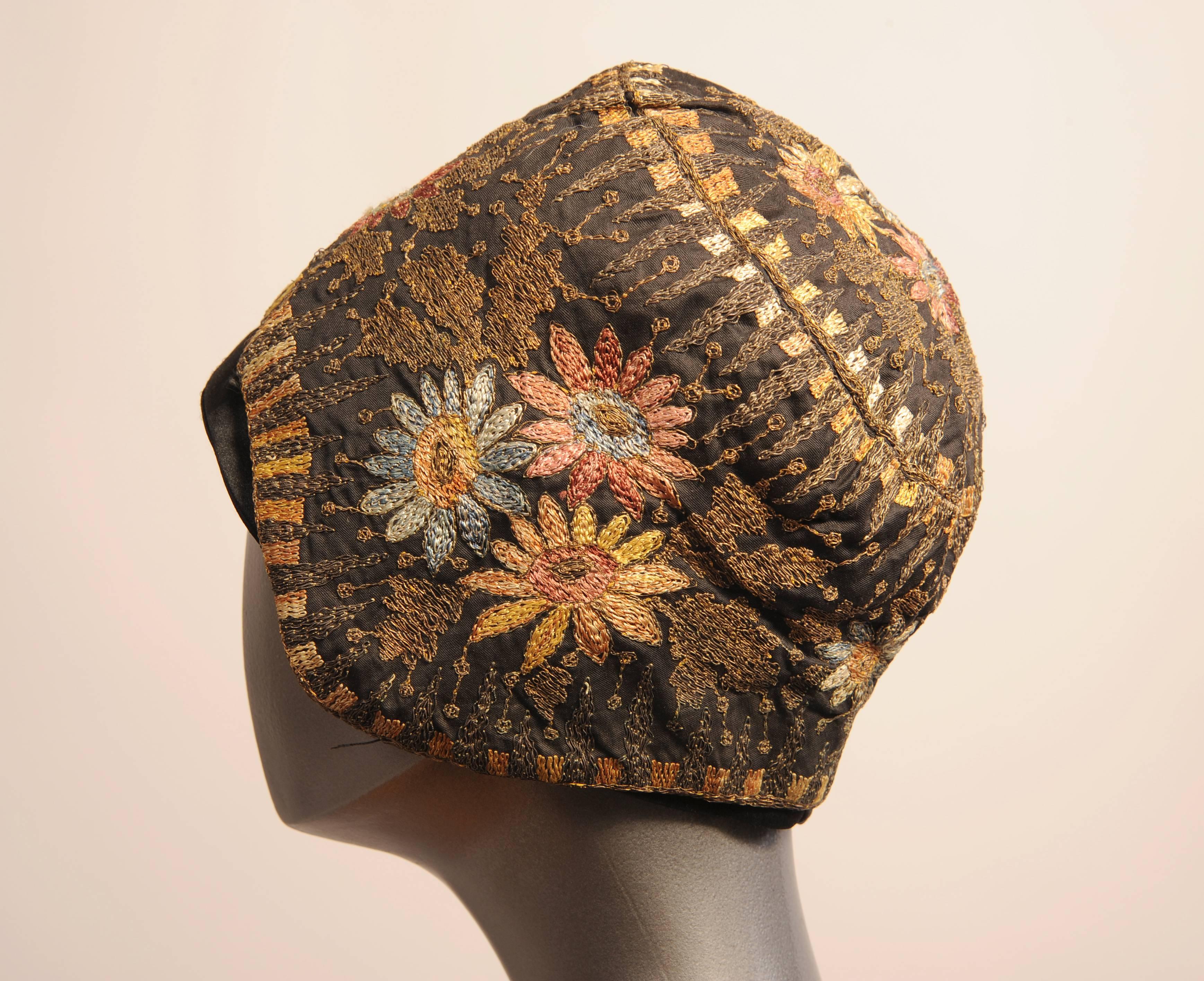 Women's Silk and Gold Thread Embroidered Cloche Hat, 1920s 