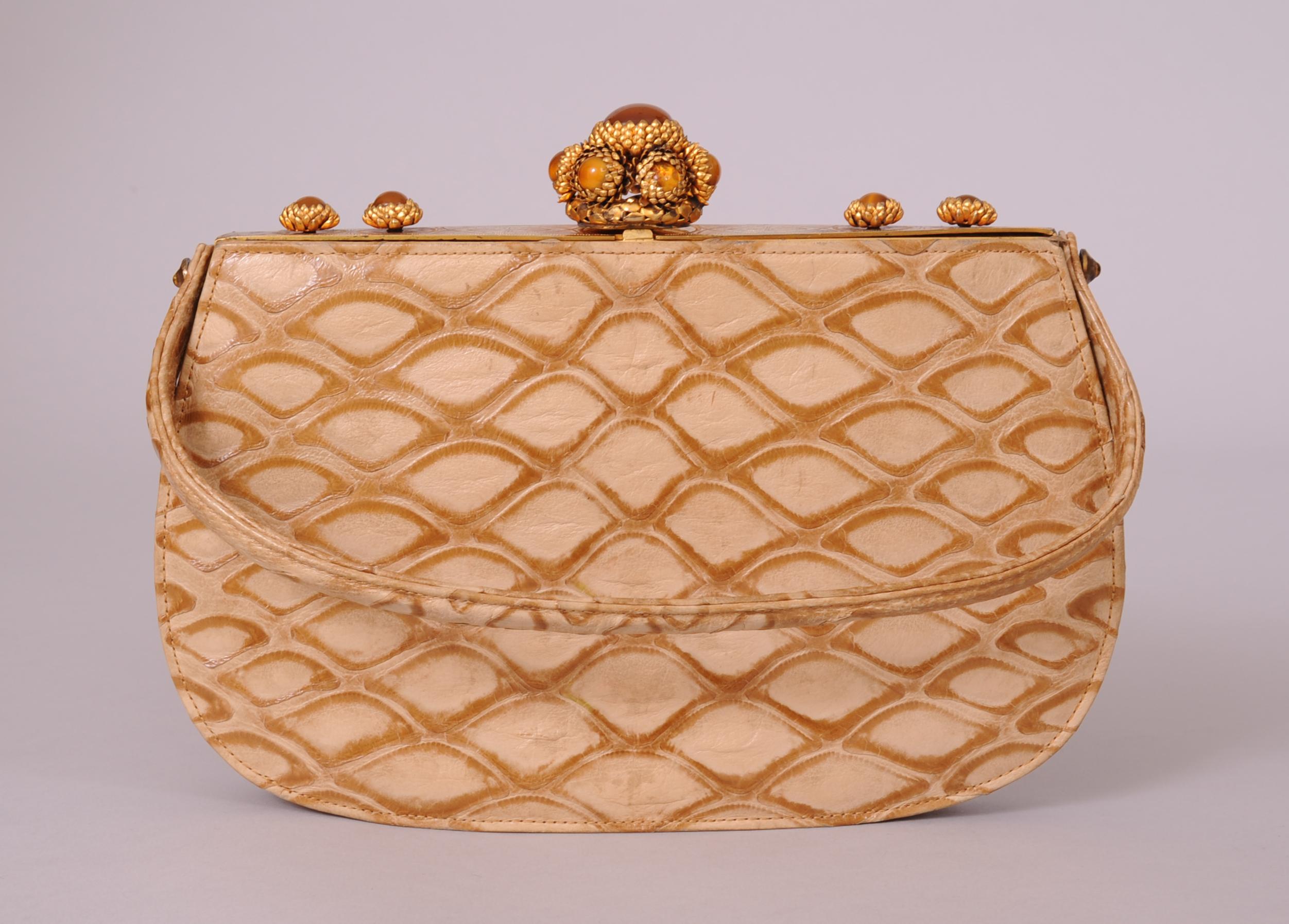 Koret Made in France Cabochon Jewel Topped Beige Skin Evening Bag  In Excellent Condition In New Hope, PA